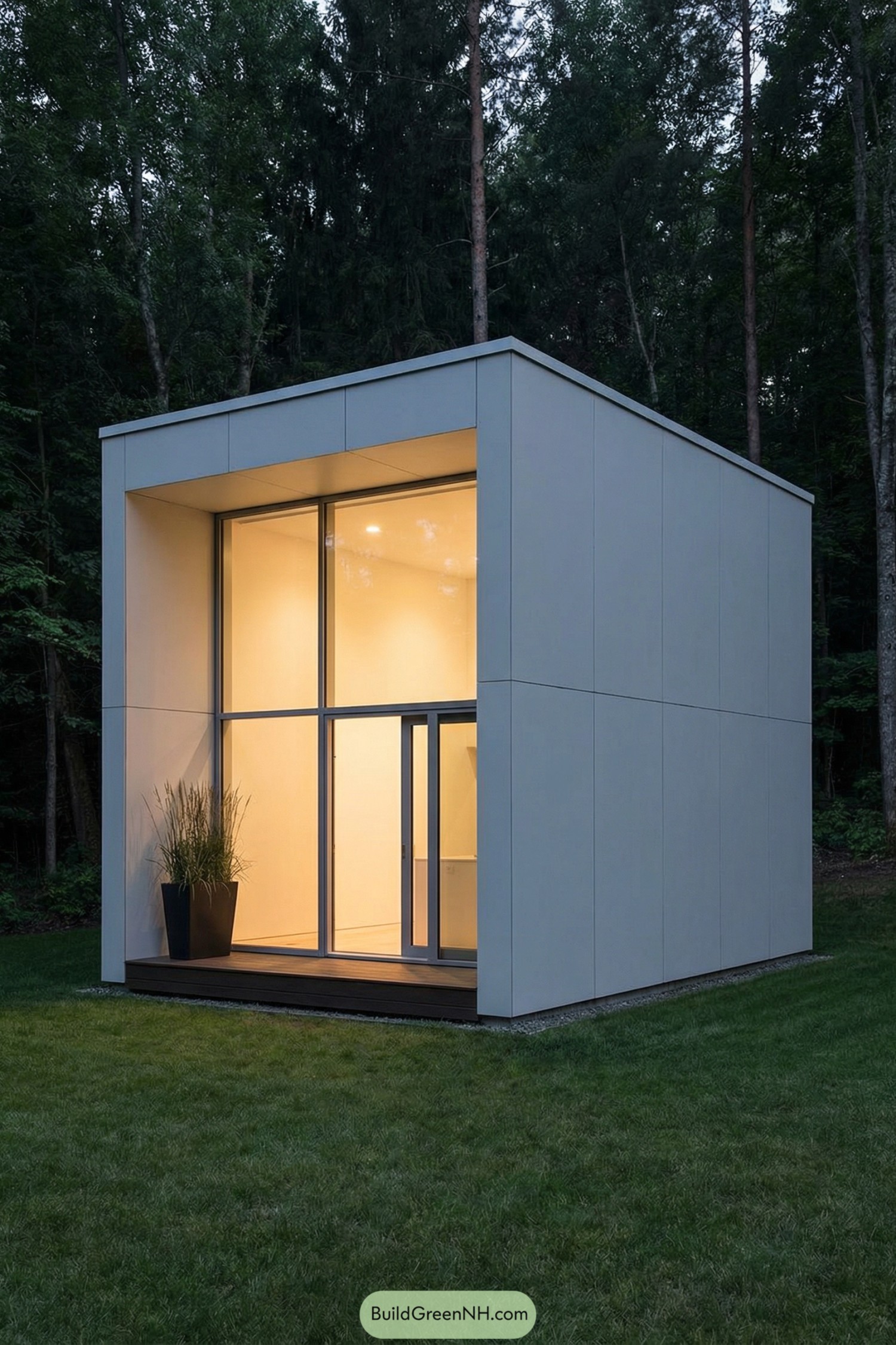Small cube-shaped tiny house with tall glowing glass front in a forest clearing