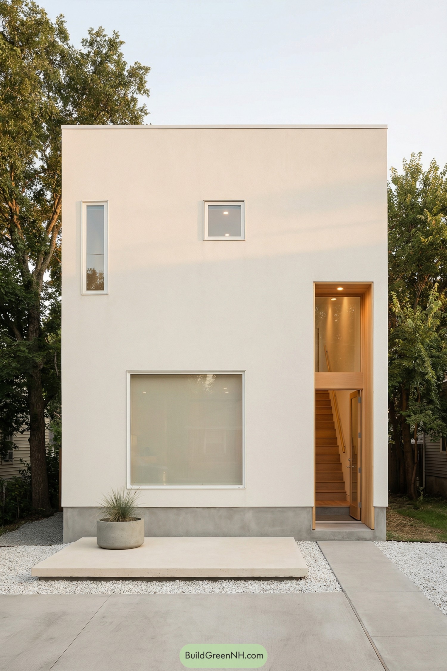 Minimalist white cube house with tall entry and scattered windows