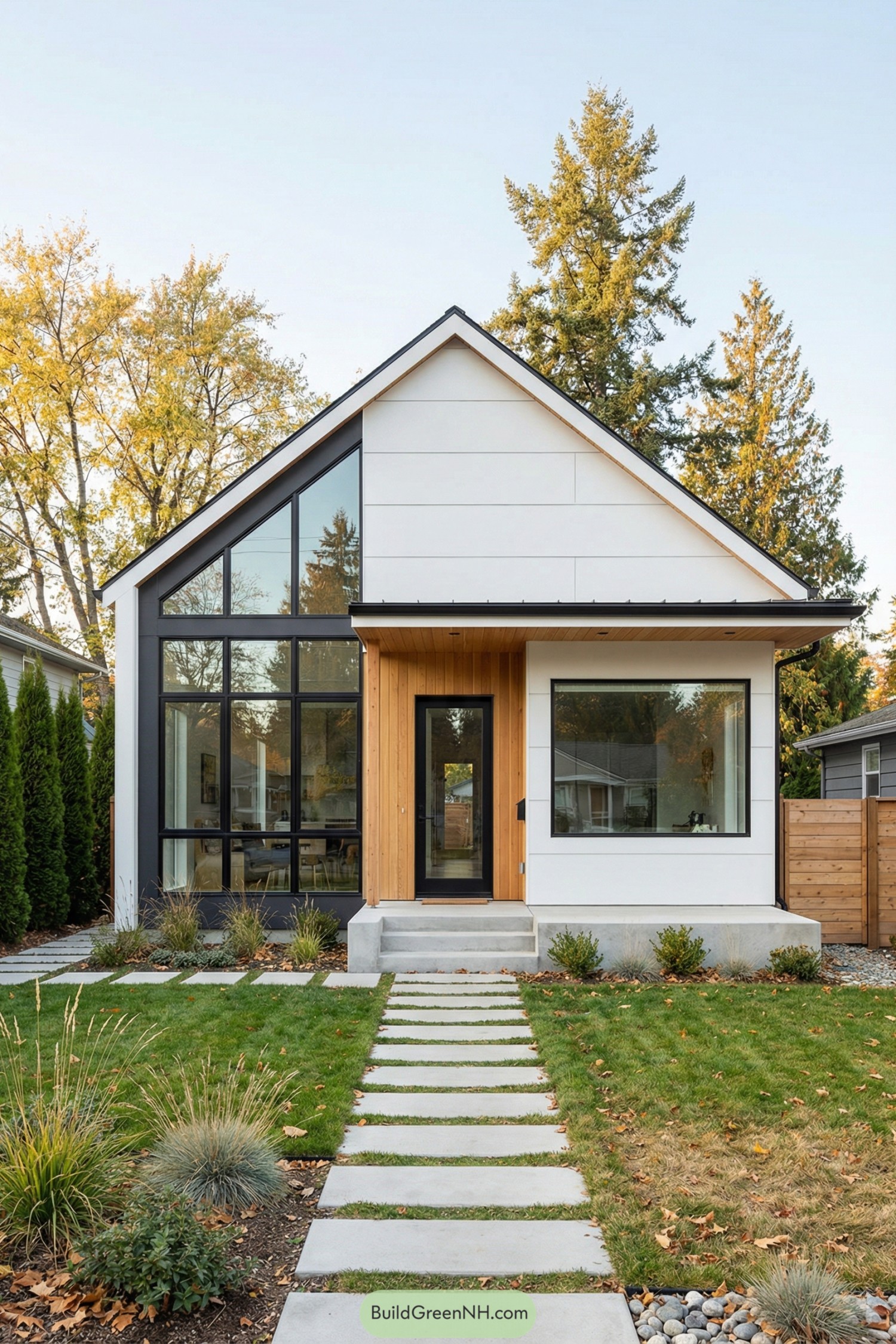 Compact white and wood modern tiny house with large black-framed windows and a stepping-stone path