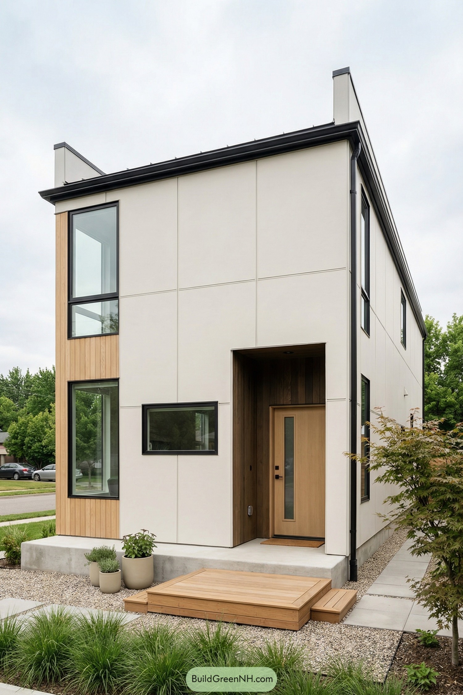 Minimalist two story cube house with pale panels, tall windows, and wood accents at the entry