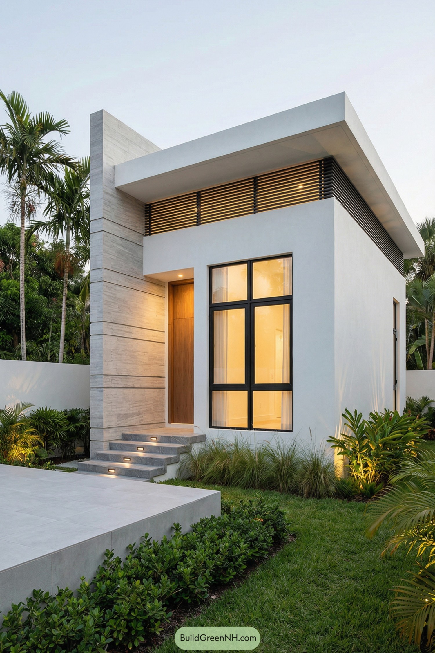 Compact modern white cube house with tall windows, wood accents, and landscaped tropical yard at dusk