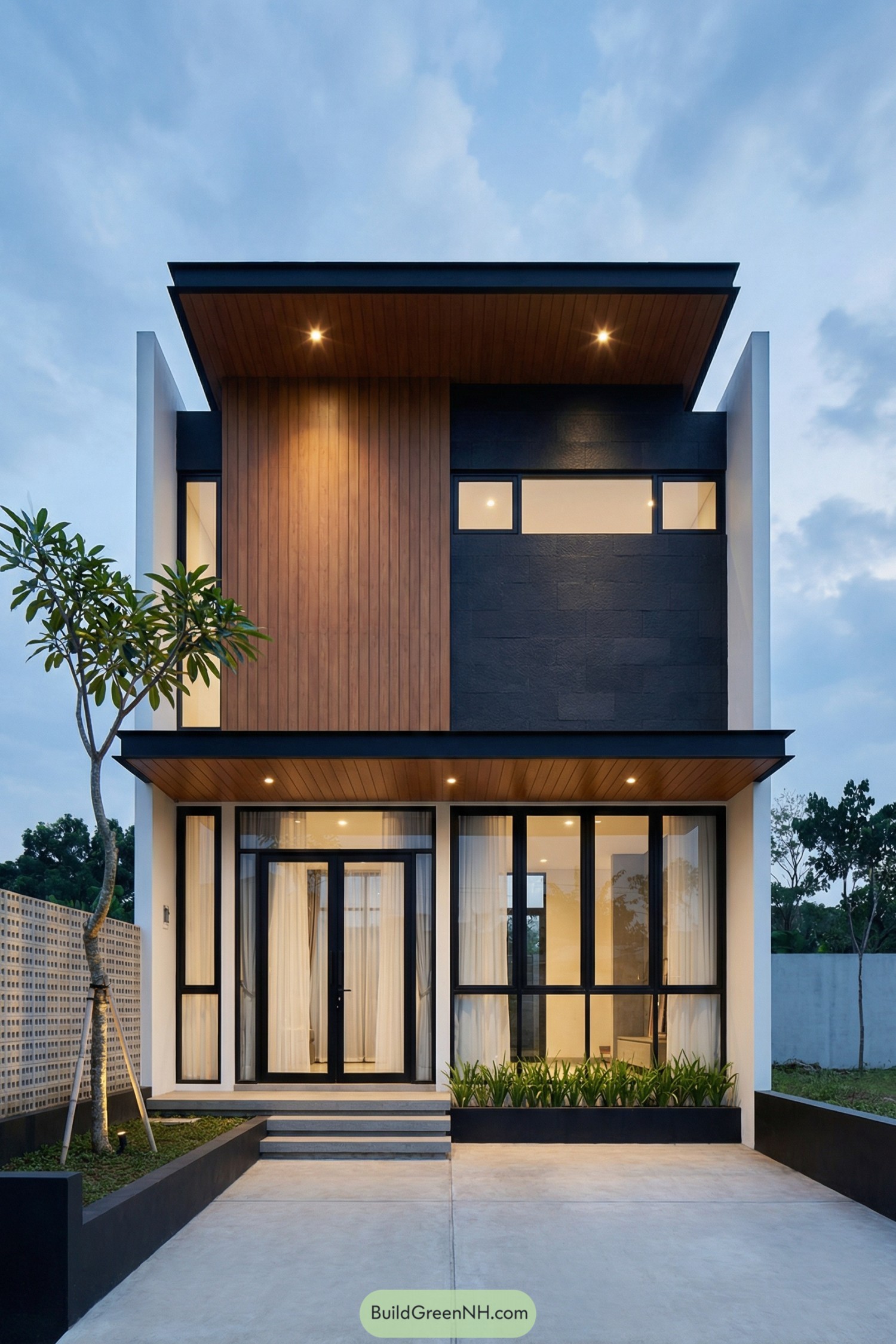 Two-story minimalist house with wood and black facade at dusk