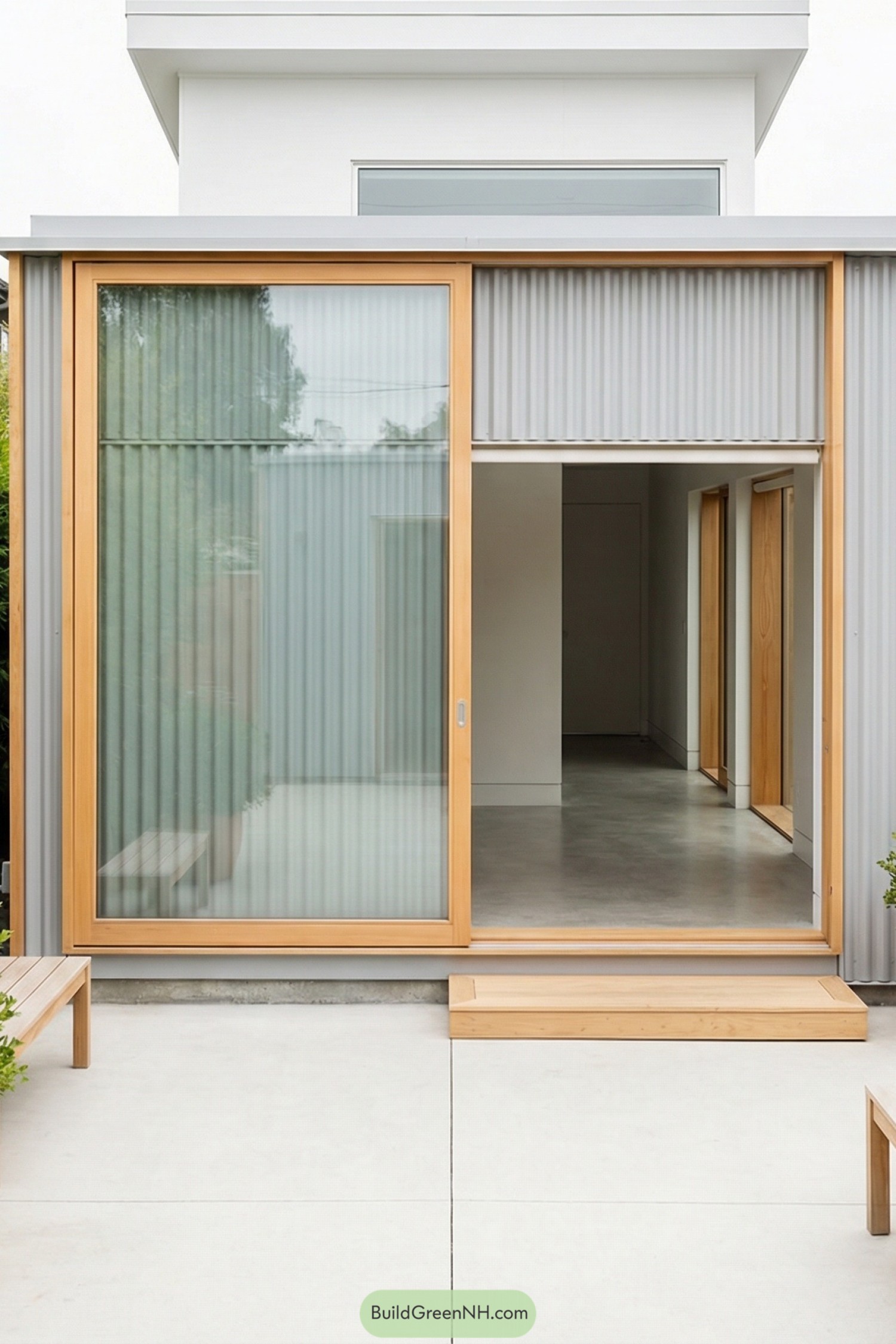 Minimalist small house with wood framed sliding glass door and corrugated translucent panels opening to a concrete patio