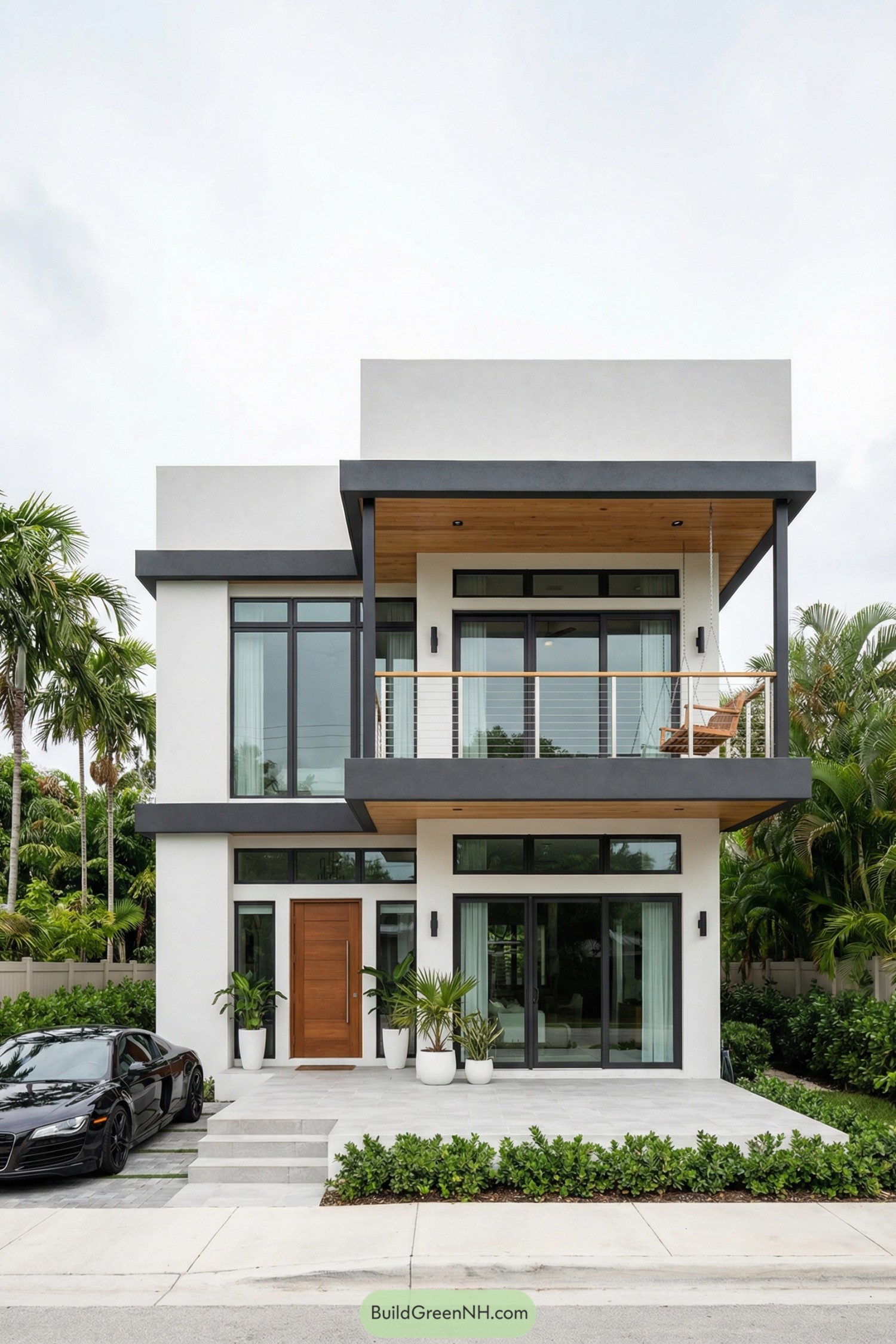 Two story minimalist house with large glass windows, front balcony, and tropical landscaping