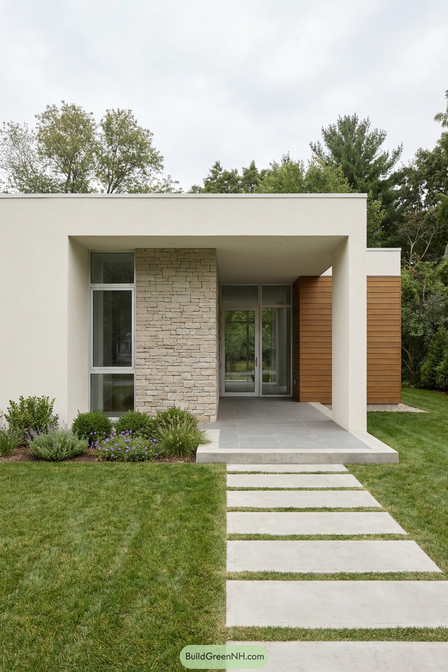 Minimalist front facade with stone wall and framed entry path
