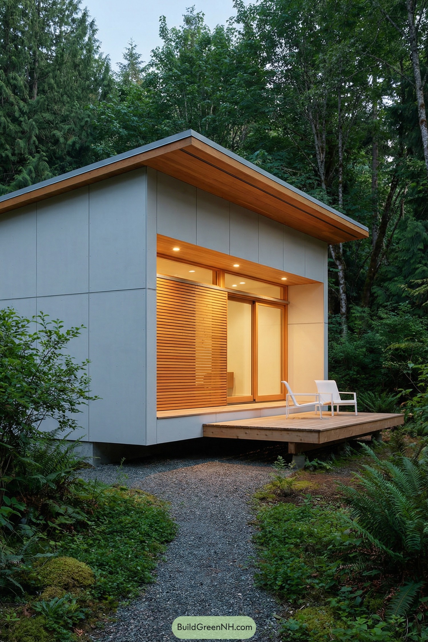 Small modern cabin with wood deck and large sliding glass