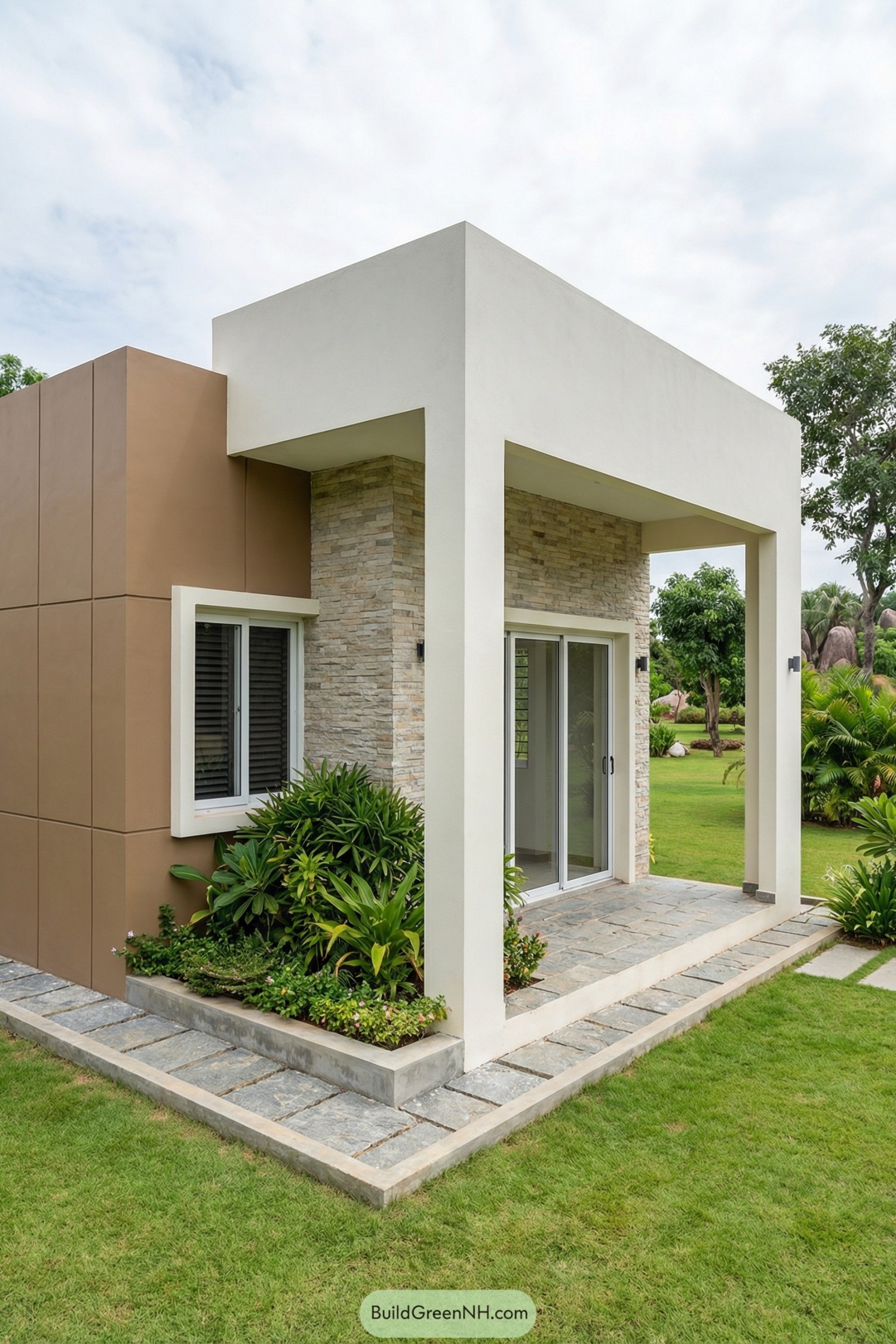 high-res photo of minimalist small house, flat-front box-type facade with clean rectangular lines, recessed entry niche framed by a thick off-white stucco portal, central wall section clad in mixed beige and gray stone tiles, left side wall finished in large warm-brown panel modules with subtle grid joints; materials, smooth off-white stucco, textured stone veneer, matte composite wall panels, concrete plinth and paving; colors, dominant off-white with warm brown side paneling, natural stone tones, light gray concrete, green vegetation; windows style, single front window on left with white frame, sliding sections, horizontal louver shutters, deep reveal within the wall; roof style, flat slab with low parapet, crisp edges, uniform off-white finish; door style, front aluminum-framed glass sliding door with two clear glass panels, slim vertical handles, set back under the recessed porch; outdoor area, shallow front porch with gray irregular-stone paving, narrow concrete step, linear stepping-stone path running along the left side and front edge of the house flush with the grass; landscaping, small raised planter along the facade with dense tropical shrubs, broad-leaf plants, low flowering groundcover, neatly trimmed bright-green lawn surrounding the house; surrounding background, spacious garden with scattered mature trees, lush tropical bushes, distant rock formations, open sky, soft daylight, three-quarter front-left view, single real-life photo, high-resolution, architectural photography, soft lighting, cinematic composition.