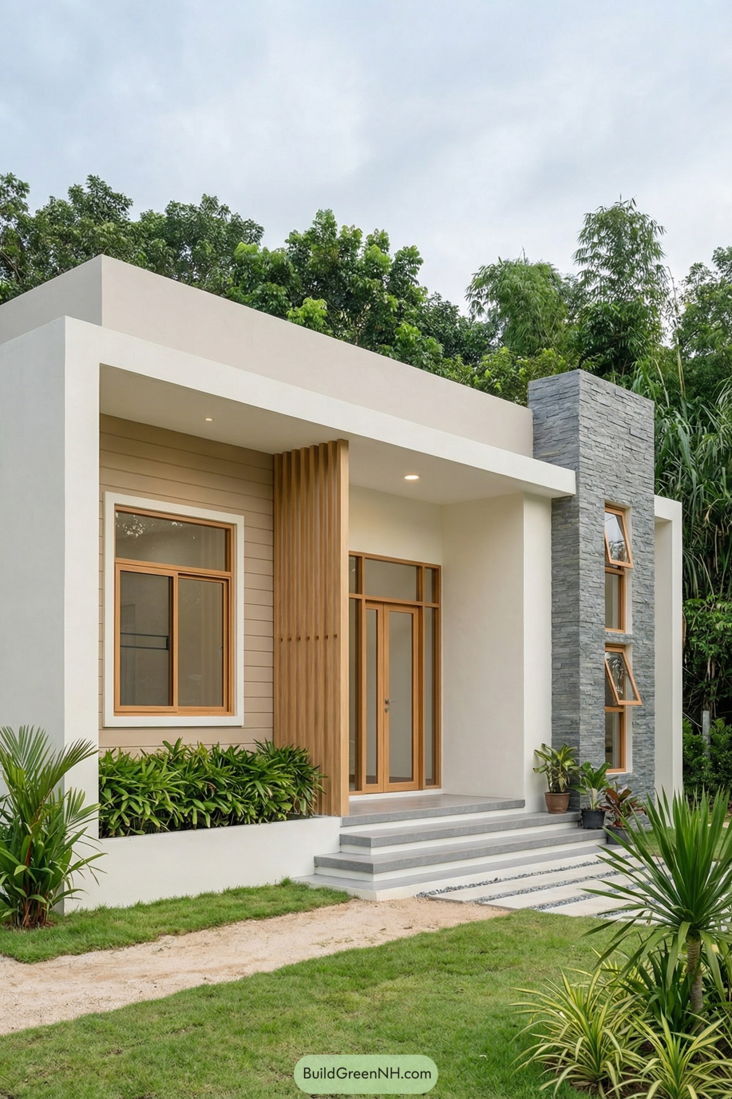 Modern compact house with stone accent tower and warm wood trim