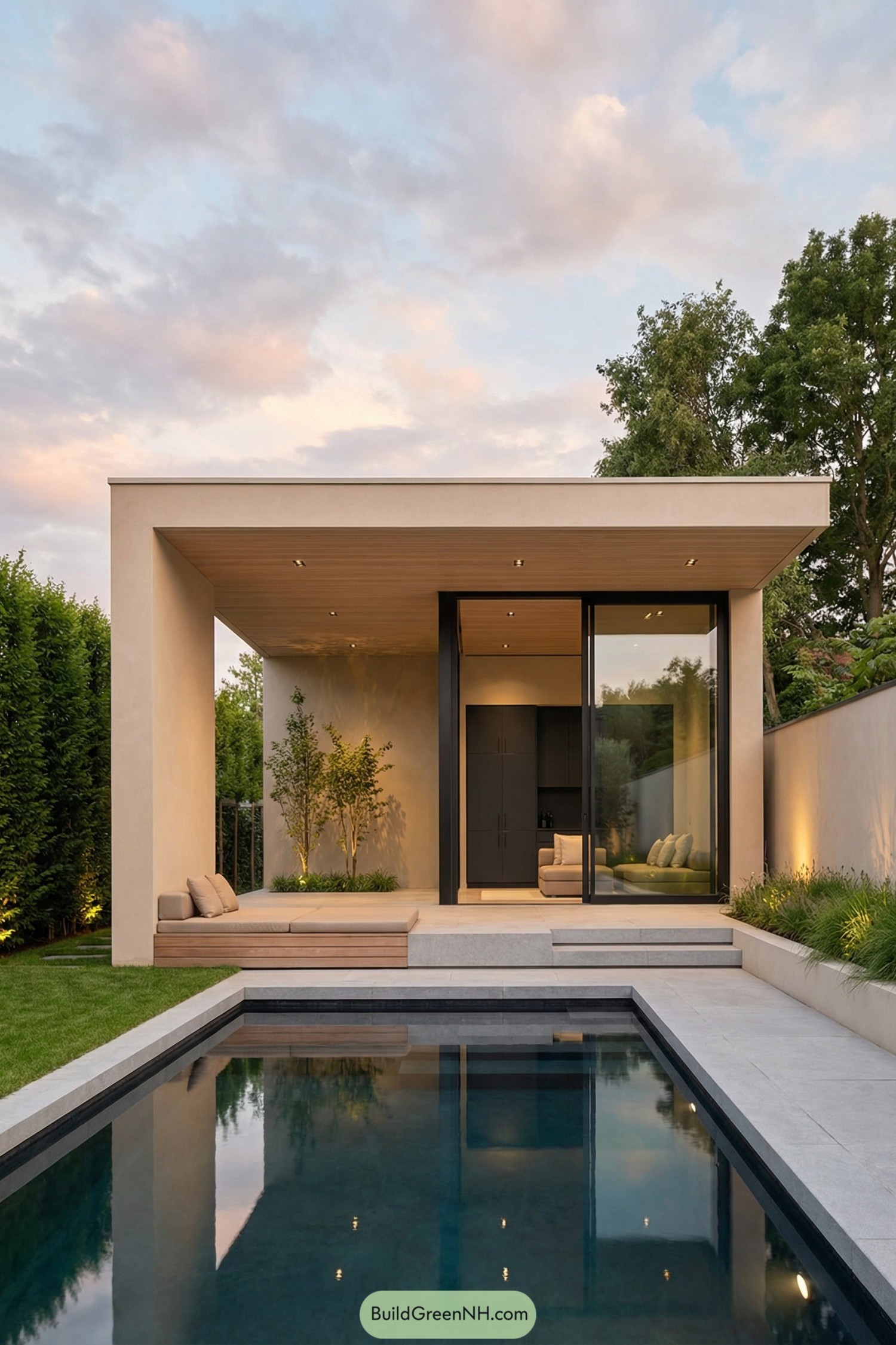 Minimalist poolside guest house with covered terrace and large glass door