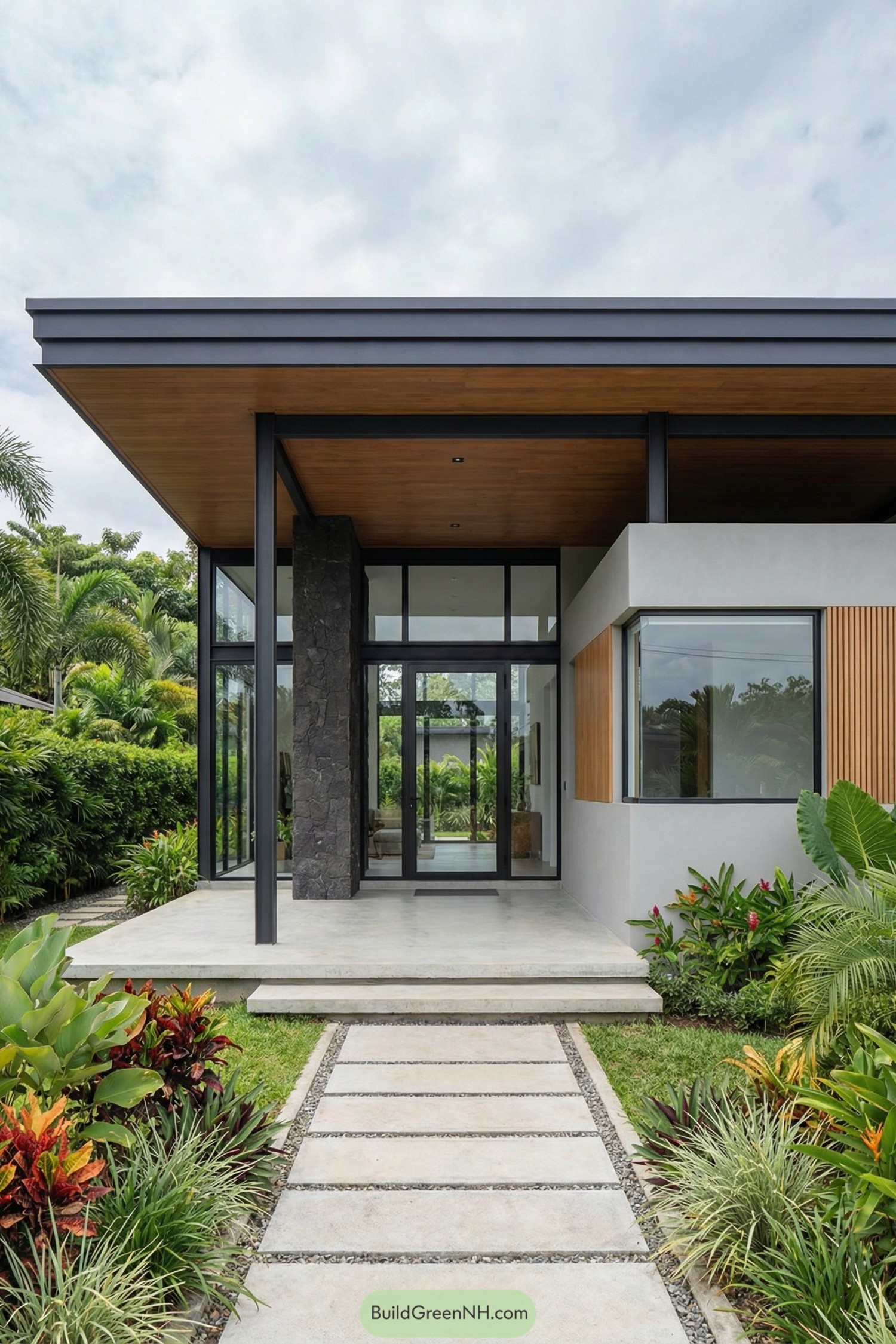 Modern tropical minimalist house with flat roof and glass entry framed by lush landscaping