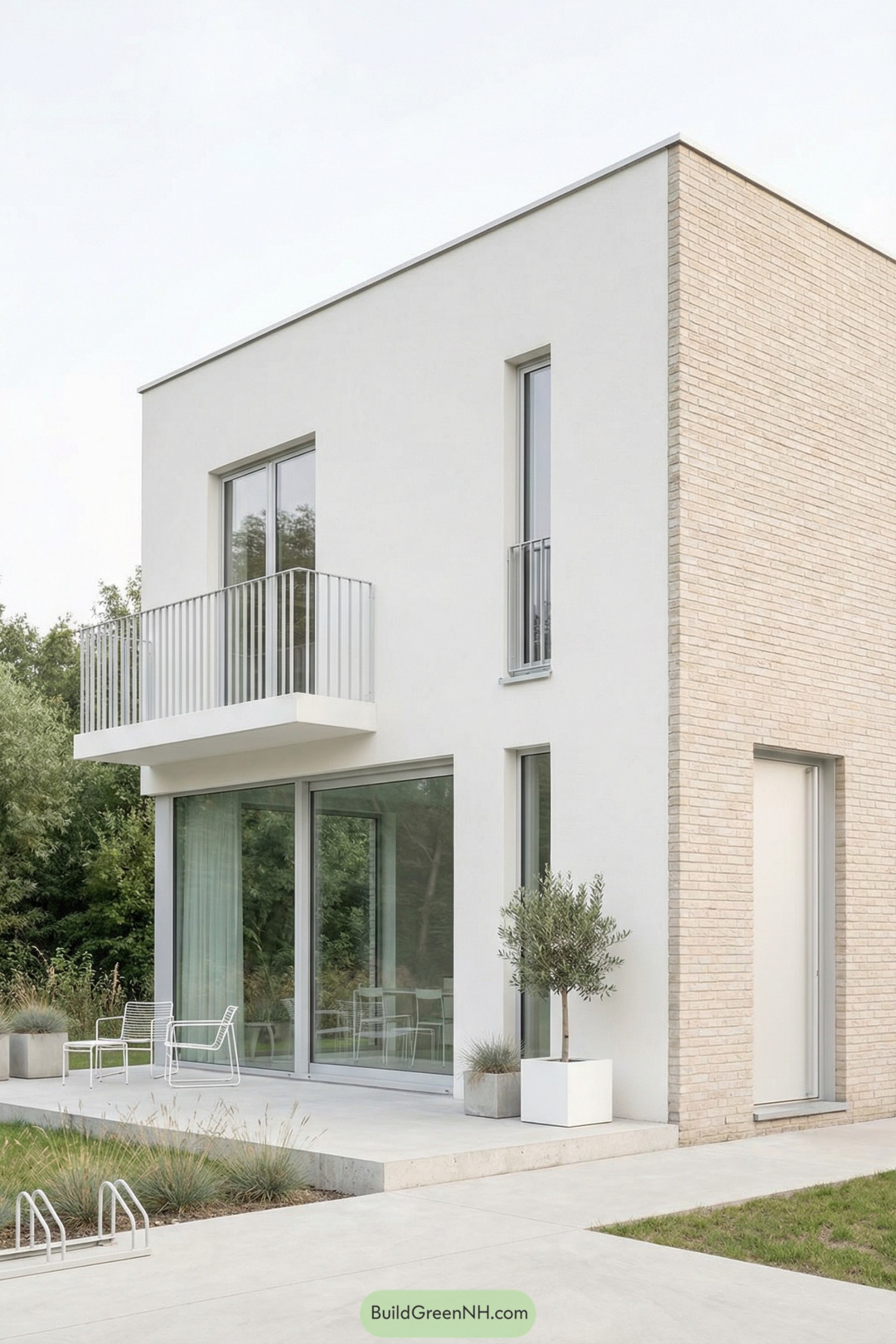 Minimalist two story white house with large glass doors and a small balcony facing a garden