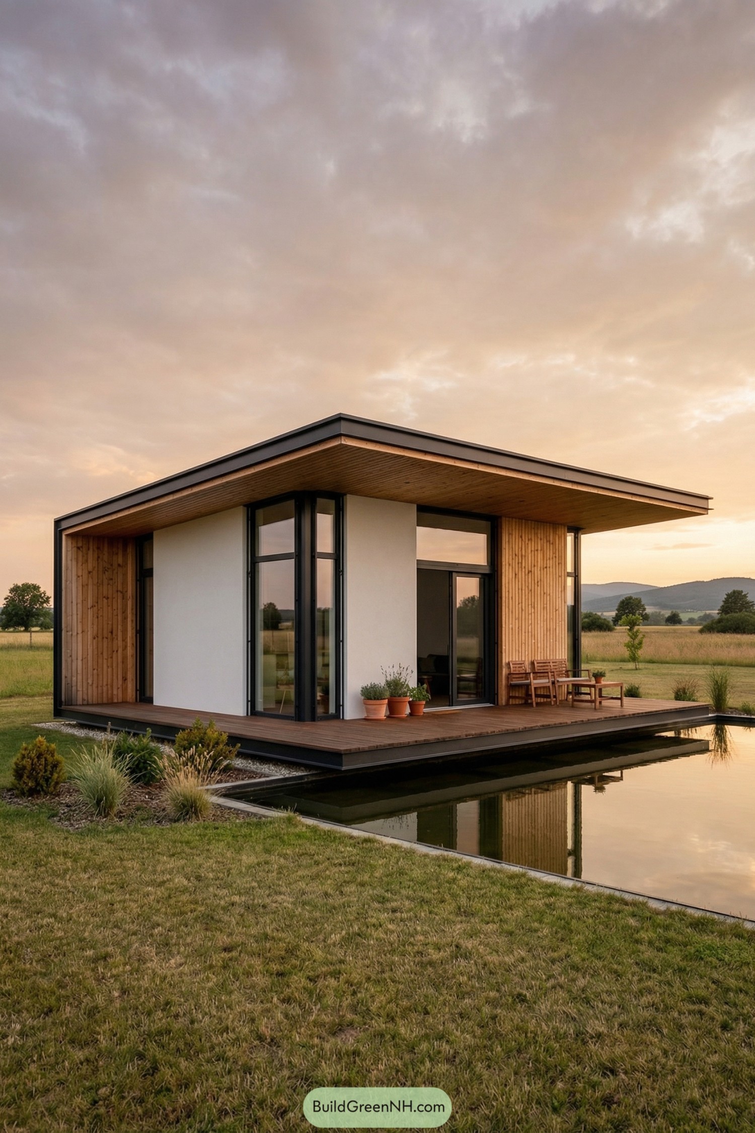 Compact modern cabin on a decked platform beside a reflecting pond at sunset