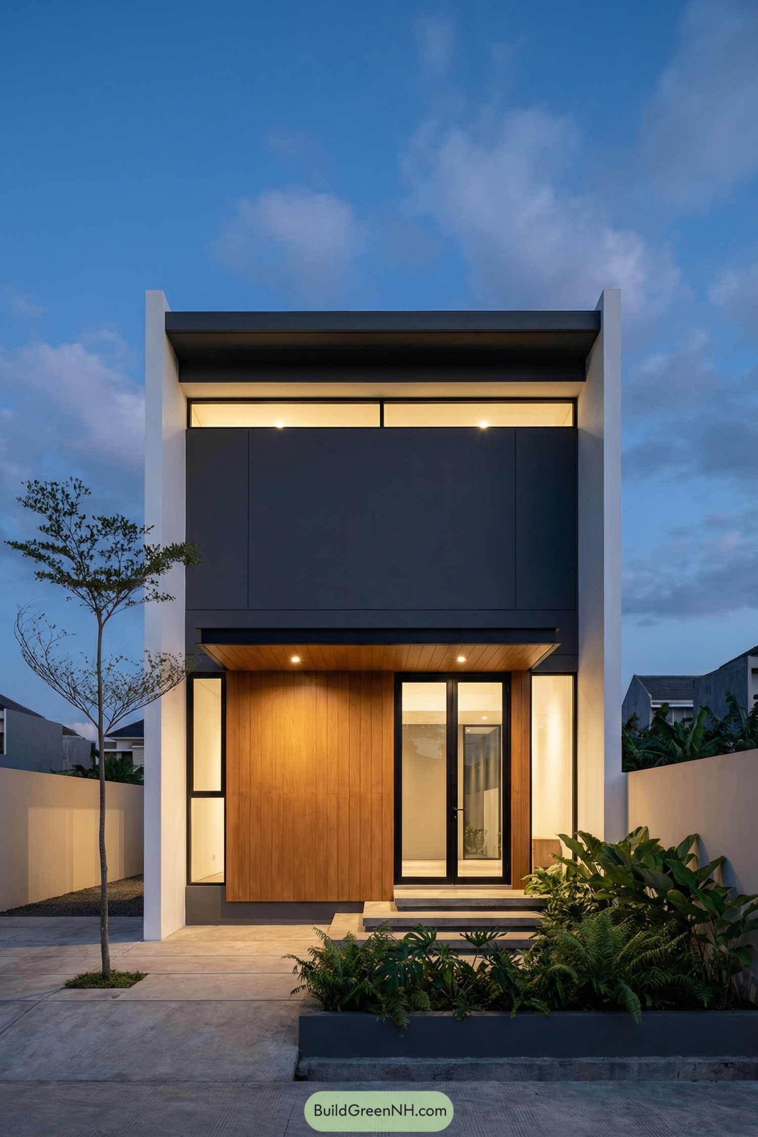 Modern two story minimalist house with warm wood facade and tall framed entry