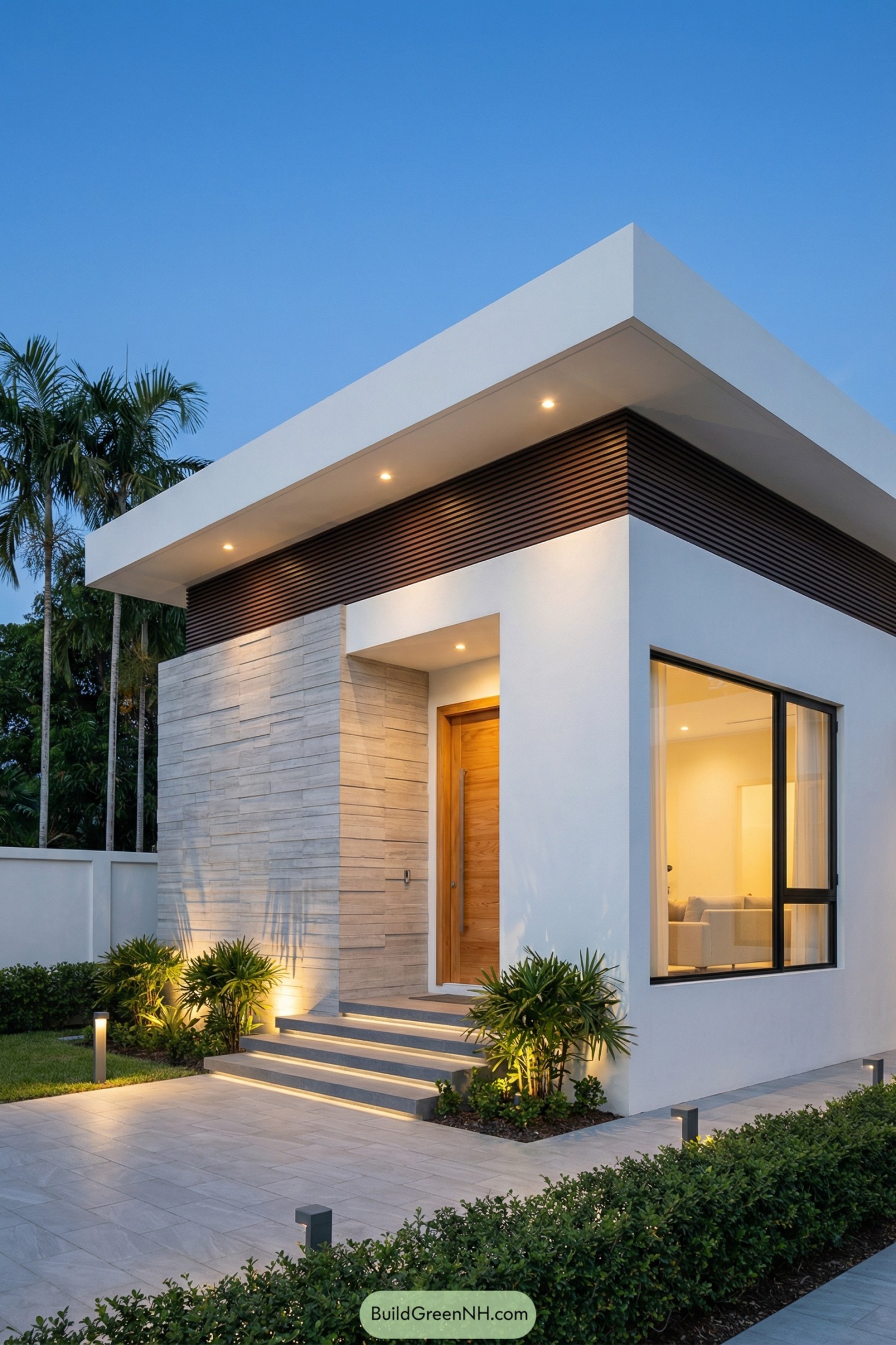 Compact white modern house with stone entry wall large front window and subtle step lighting at dusk