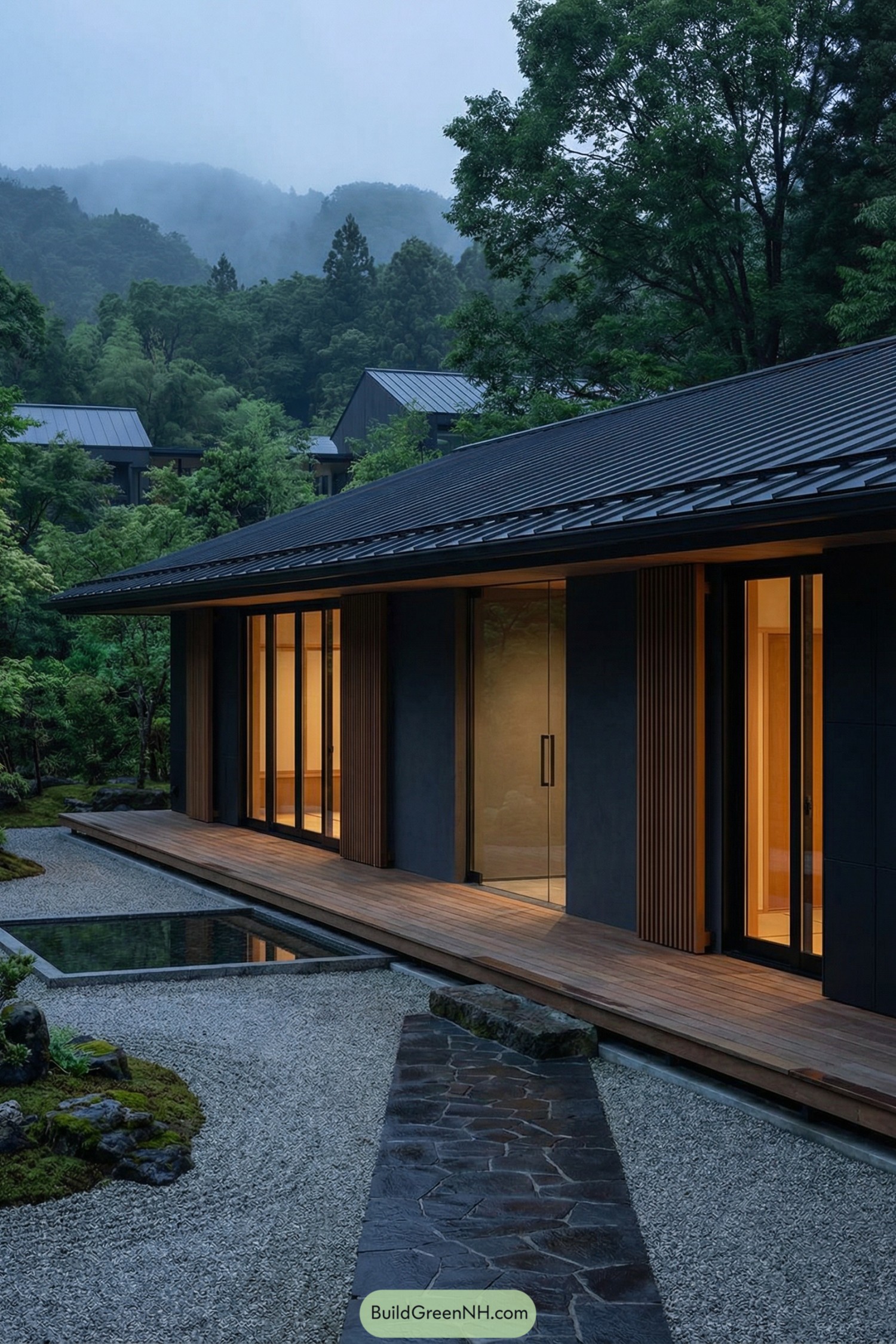 Minimalist dark-clad cabin with glass walls opening to a gravel garden and reflecting pool in a misty forest setting