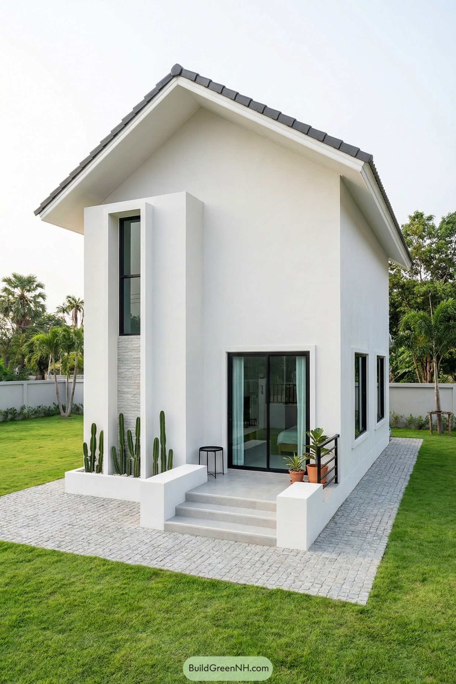 White minimalist small house with tall front volume and sliding glass doors opening to a paved patio and lawn