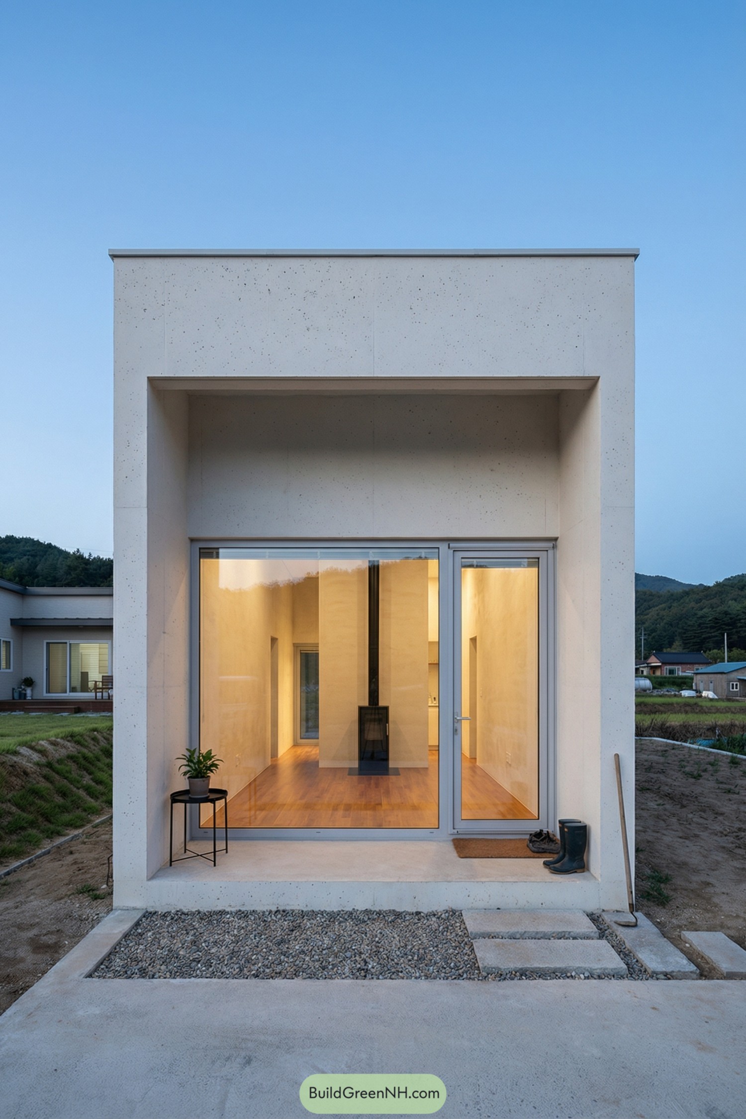 Minimalist cube house with recessed glass front