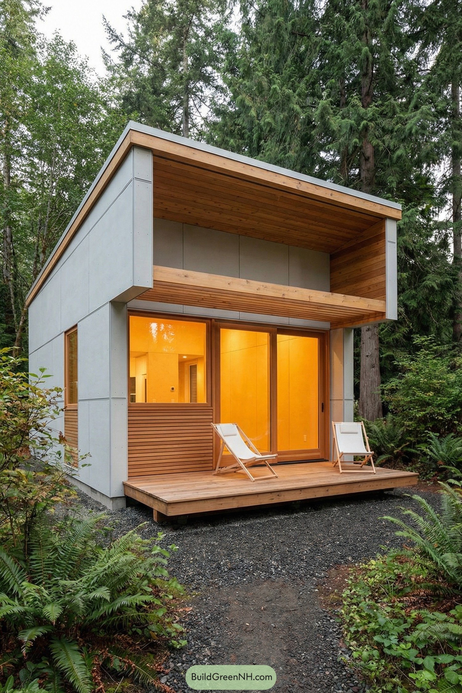 Small modern cabin with wood deck and large glowing windows in a forest