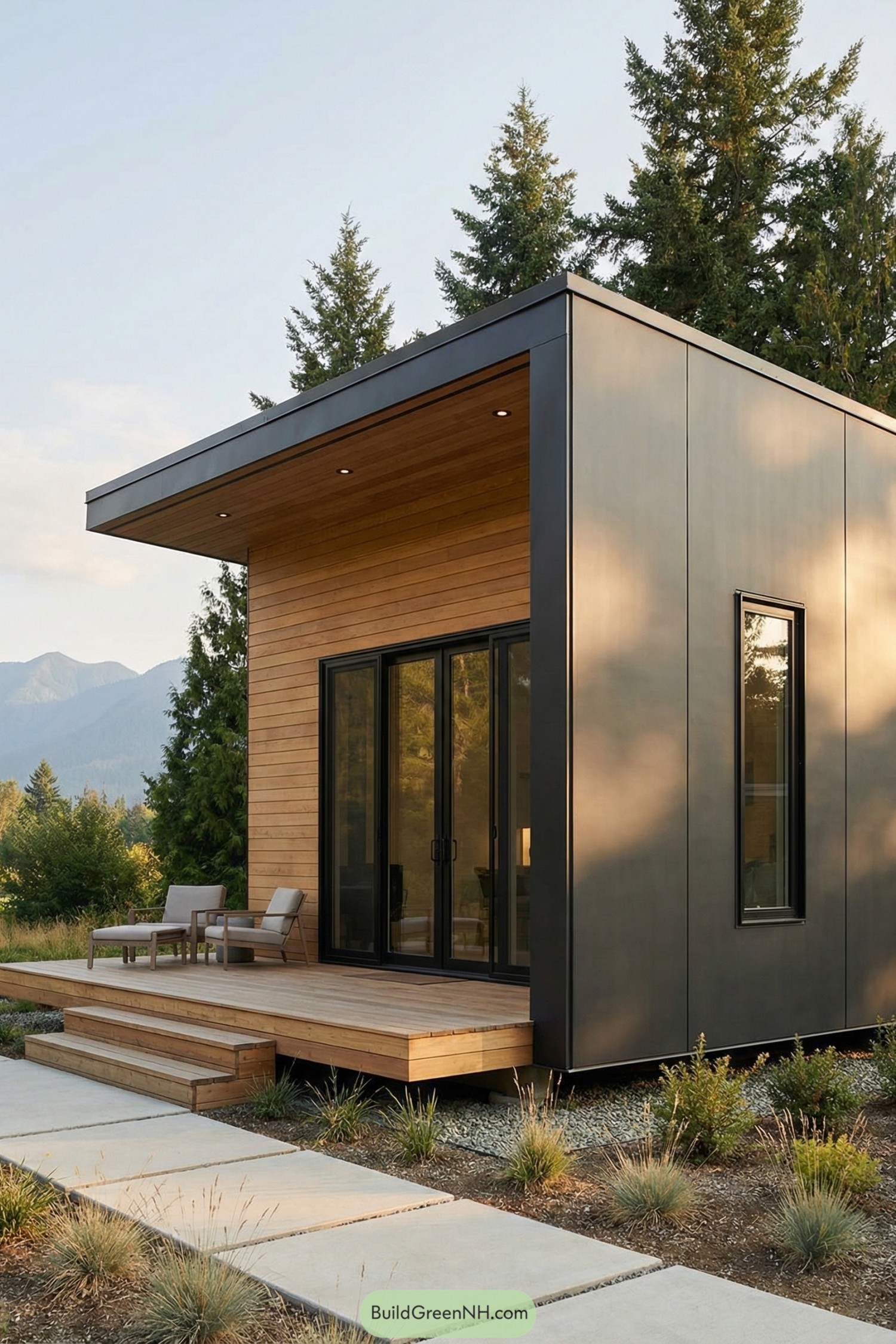 Modern tiny house with black metal siding and warm wood deck in a forest setting