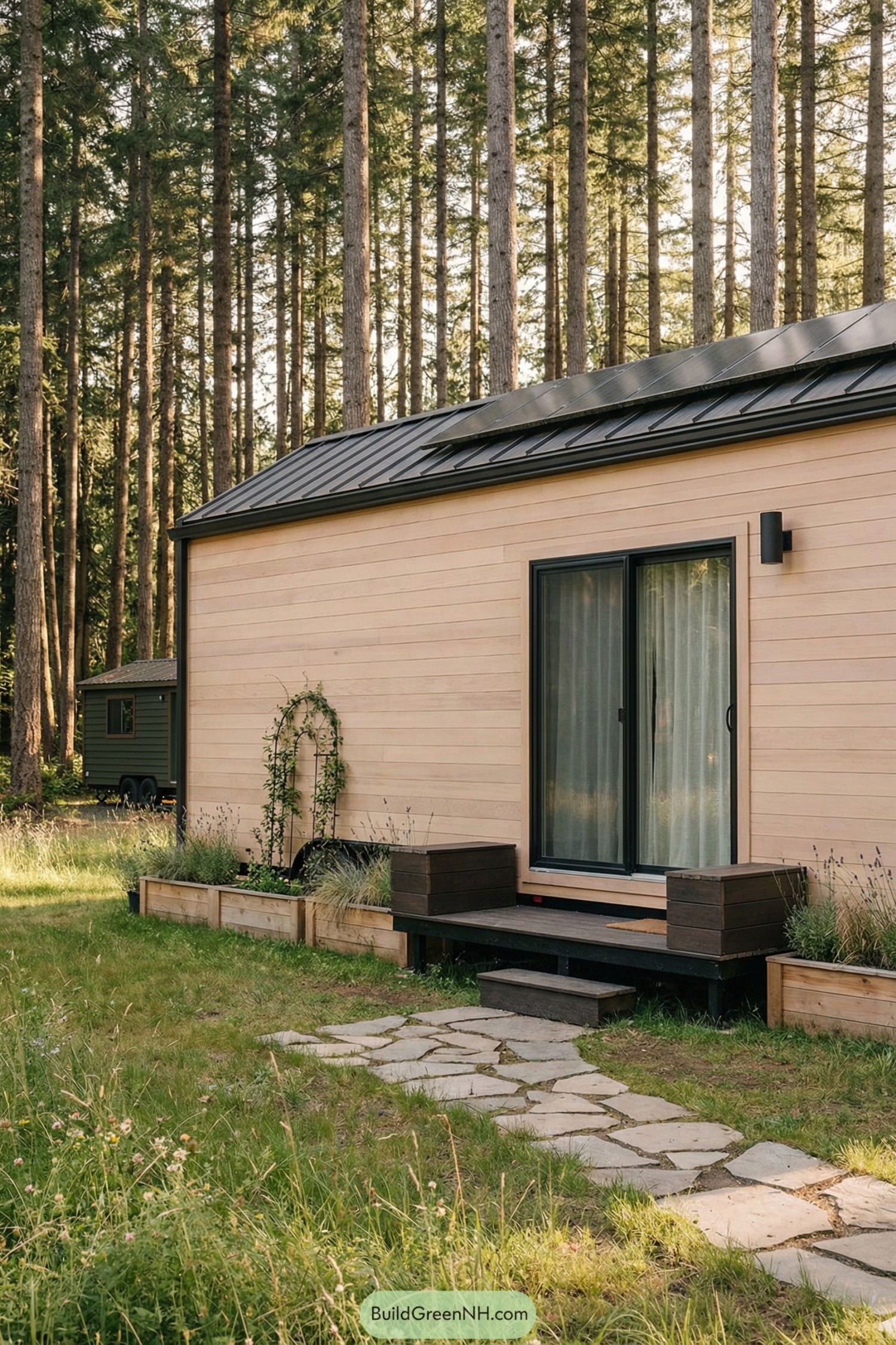 Minimalist tiny house with pale wood siding, dark metal roof, solar panels, and a small deck in a forest clearing