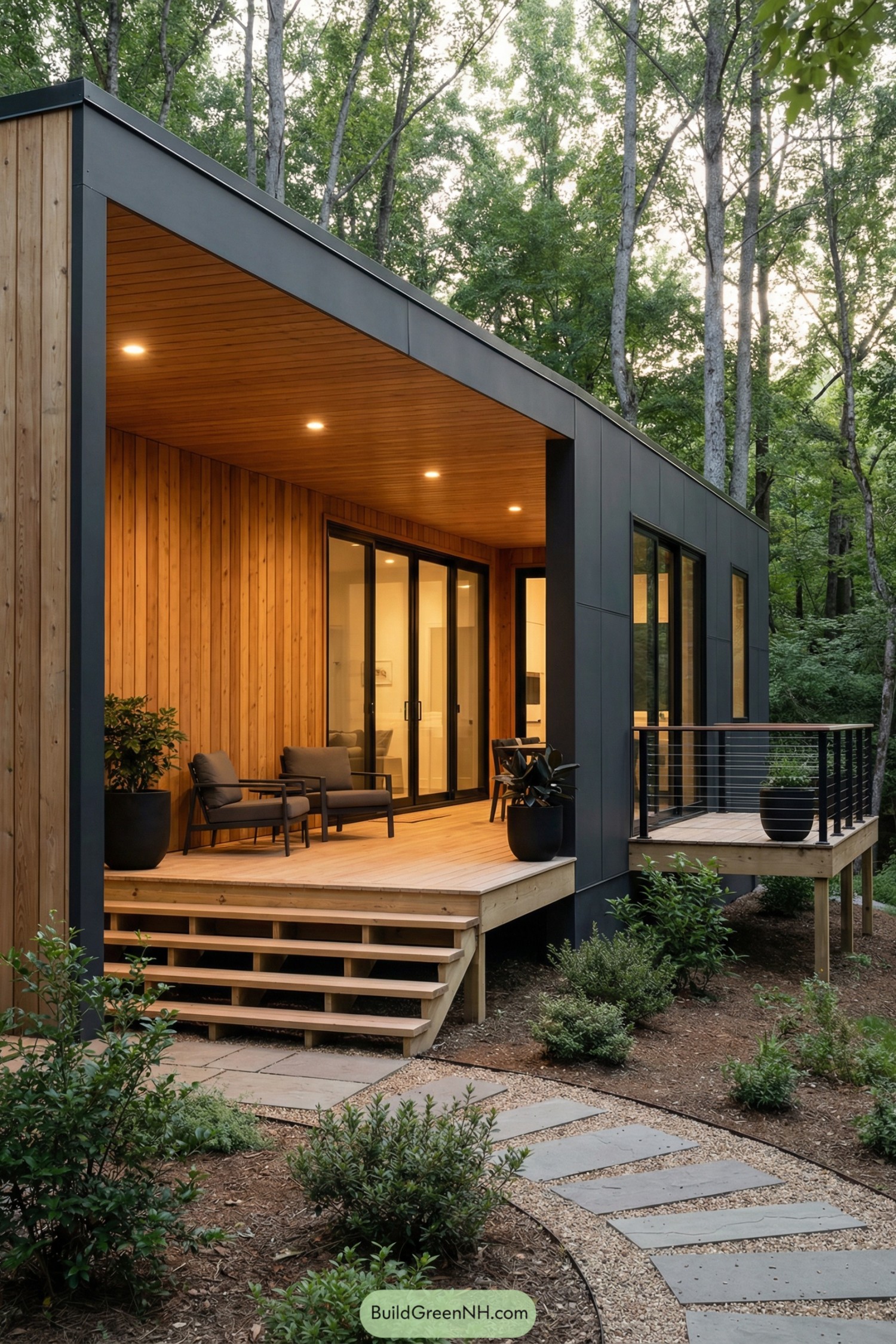Modern tiny house with black cladding, warm wood porch, and large glass doors set in a forest