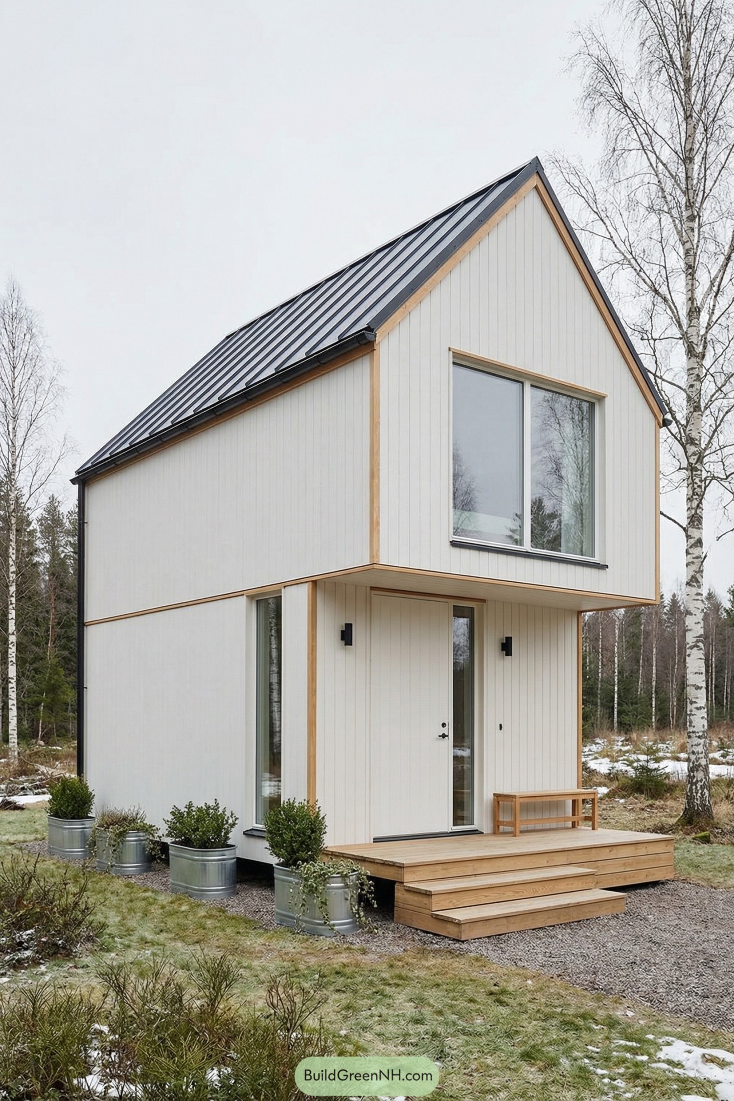 high-res photo of minimalist tiny house, clean Scandinavian-inspired facade with simple rectangular volume and narrow gable front, mostly smooth white cladding with thin natural light-oak trim lines and fascia, compact elongated shape with steep asymmetrical gable roof and slightly cantilevered upper line over the entrance side, exterior materials in painted vertical wood boards and warm oak accent panels with subtle matte finish and thin black metal details, roofing in dark standing-seam metal with crisp edges and minimal overhangs, windows in a mix of tall narrow side windows and one larger picture window on the main facade with slim white frames and clear glass, main door as a full-height white slab door with vertical grooves and a narrow side window plus minimalist black handle, small front deck in light oak boards with two wide steps and a simple low bench and slim black wall-mounted light, minimal gravel path and a few galvanized steel planters with small green shrubs and trailing plants flanking the entrance, soft groundcover grass with sparse low bushes and a few white birch trees around the house, distant background of a quiet light-forest edge with hints of snow on the ground and muted grey sky creating a calm northern setting, single real-life photo, high-resolution, architectural photography, soft lighting, cinematic composition.