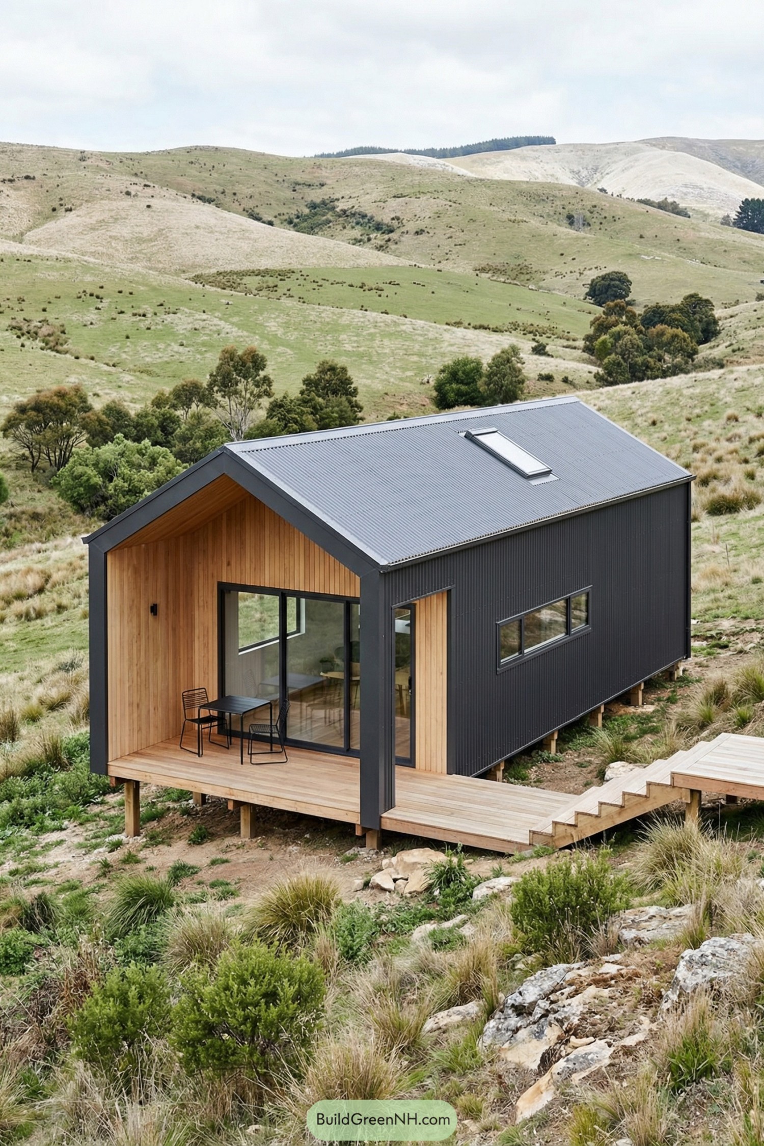 Tiny dark-clad cabin with cedar porch perched on a grassy hillside