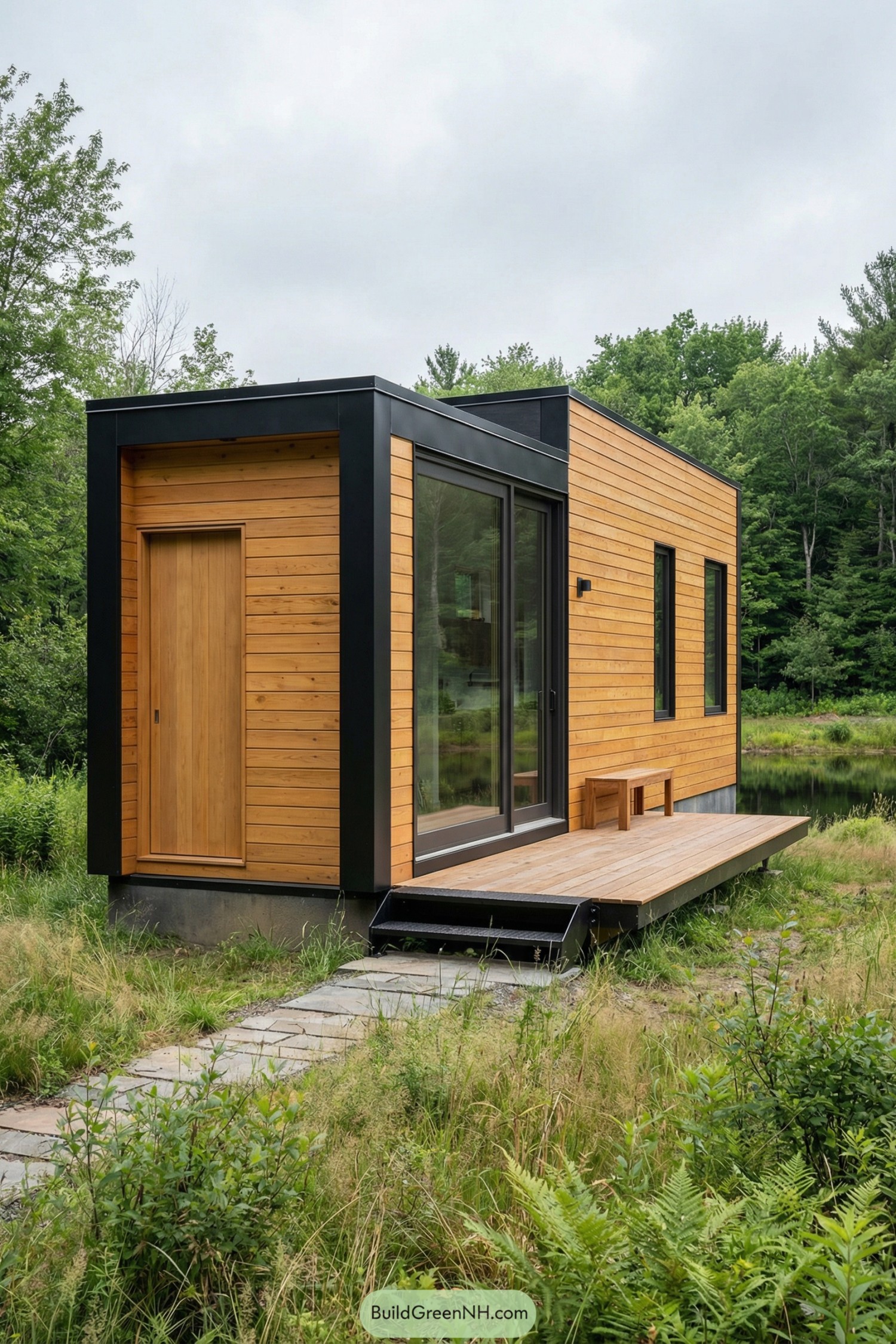 Compact wooden tiny house with large glass door and deck in a forest setting