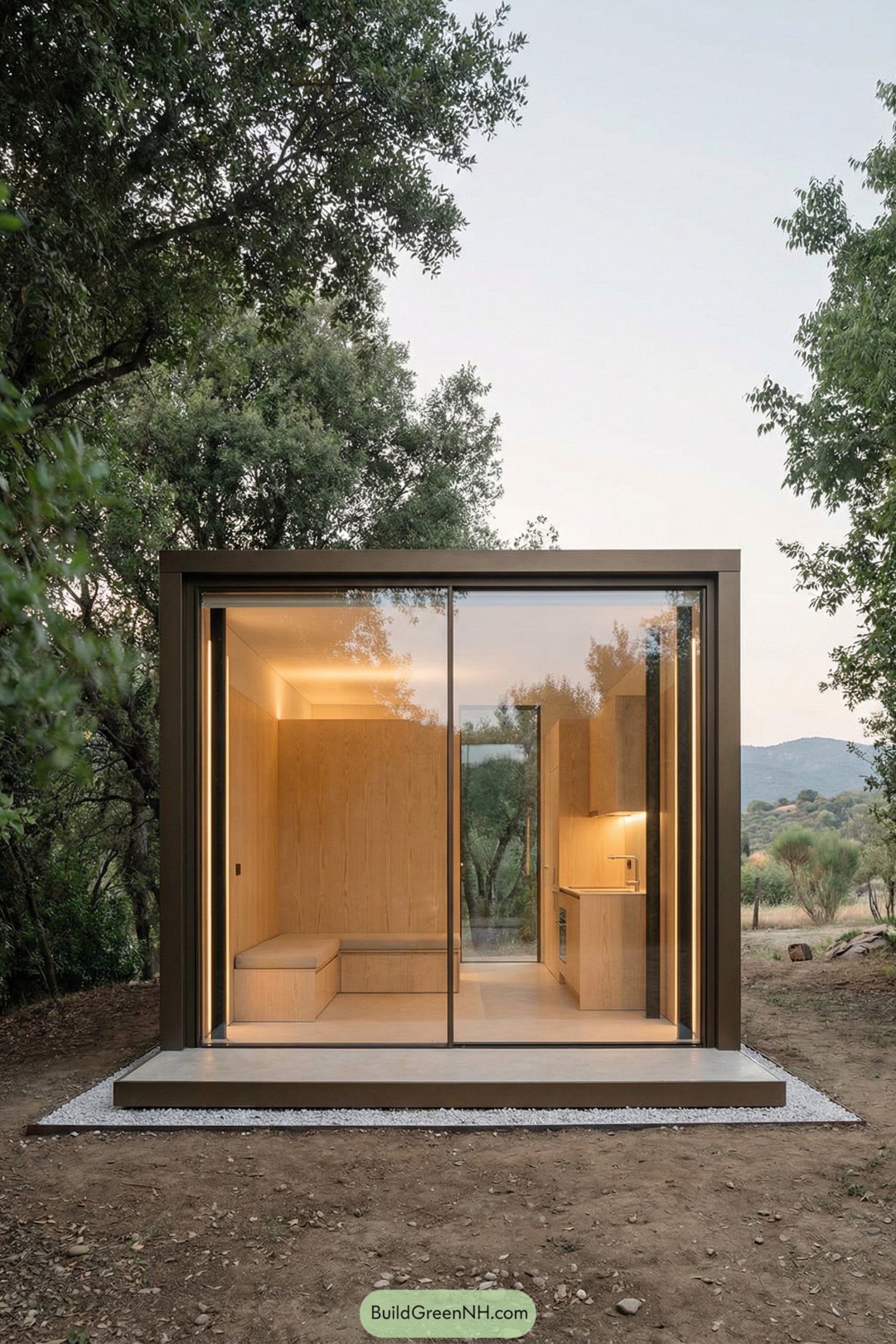 Small glass tiny house with warm wood interior in a forest clearing