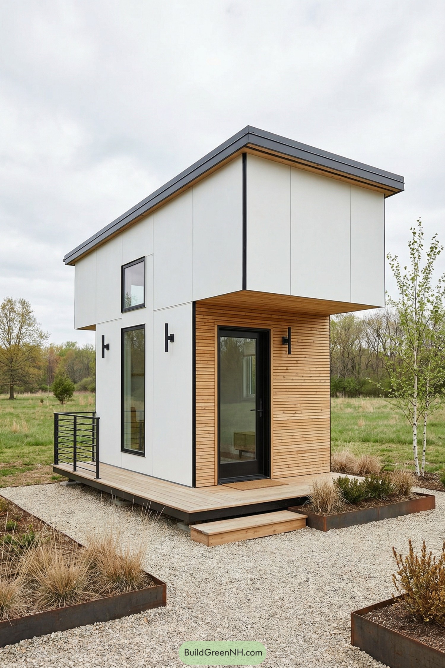 Tiny modern cabin with tall windows