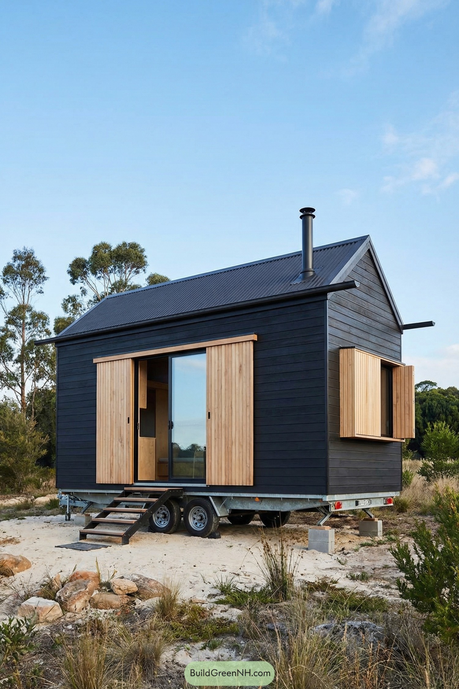 Black tiny house on trailer with wood shutters