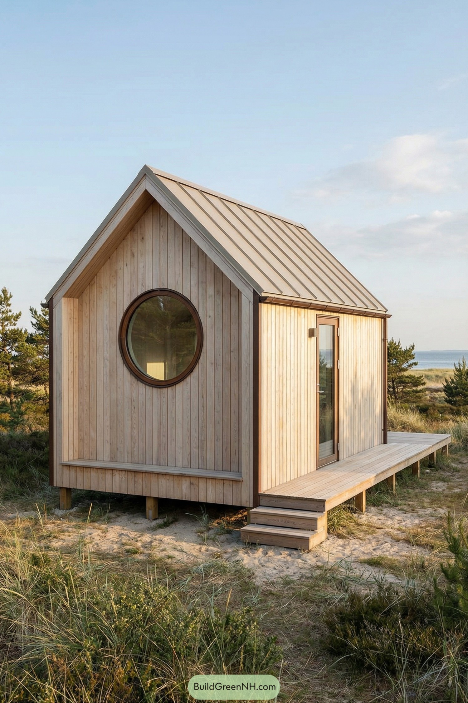 Small wood clad tiny house with round window beside sandy coastal dunes
