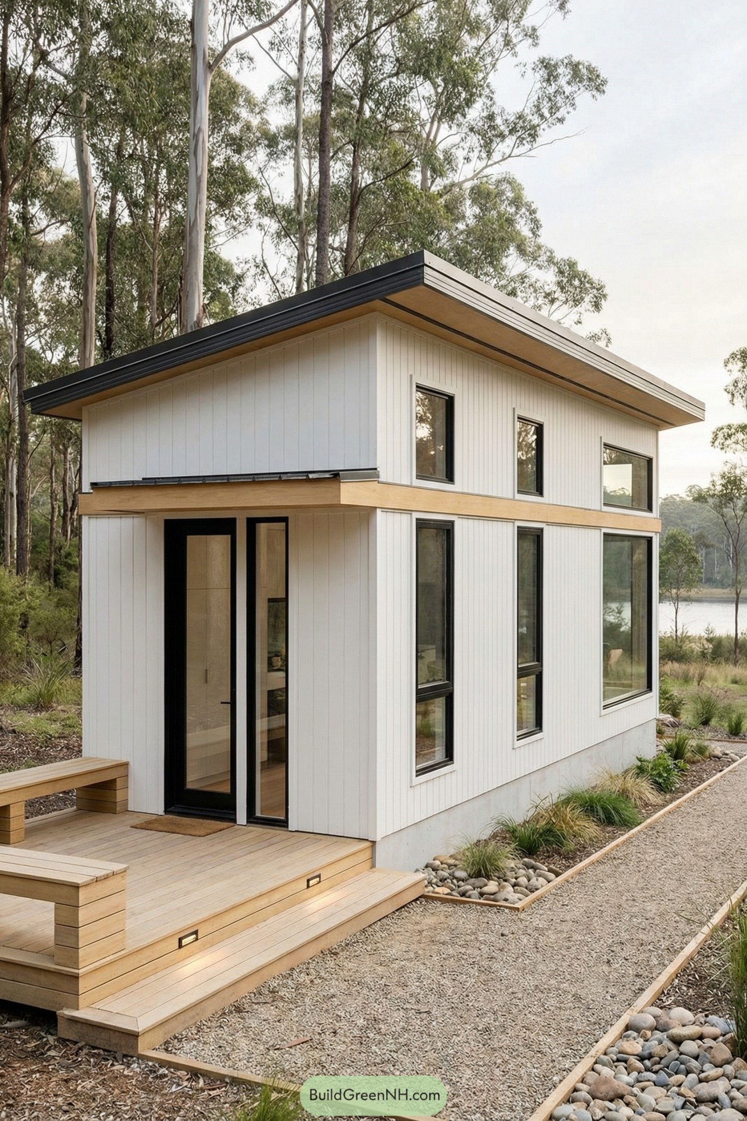 Minimalist white tiny house with tall black-trimmed windows and a simple wood deck in a forest setting