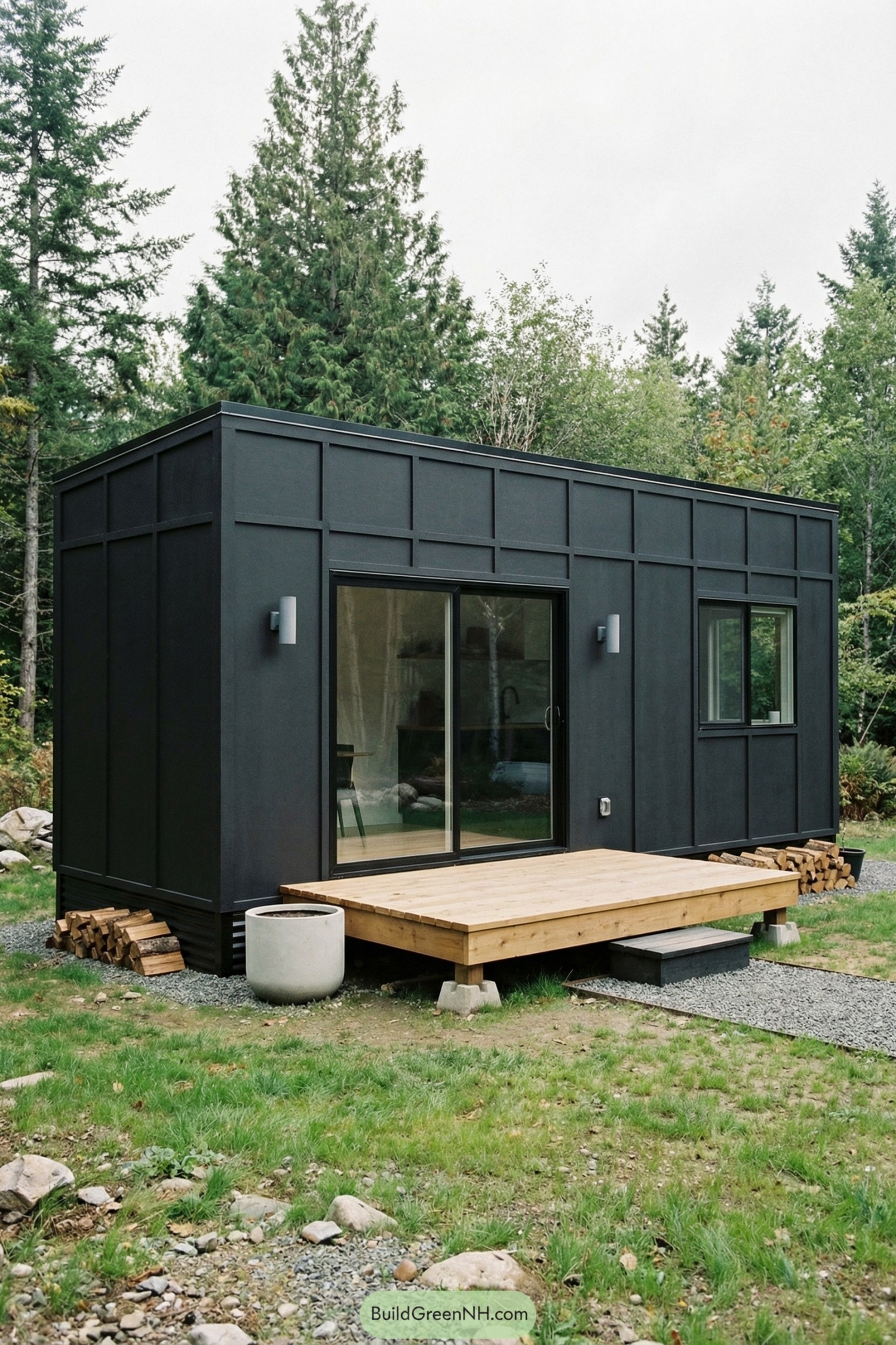 Small black-framed tiny house with wood deck in a forest clearing