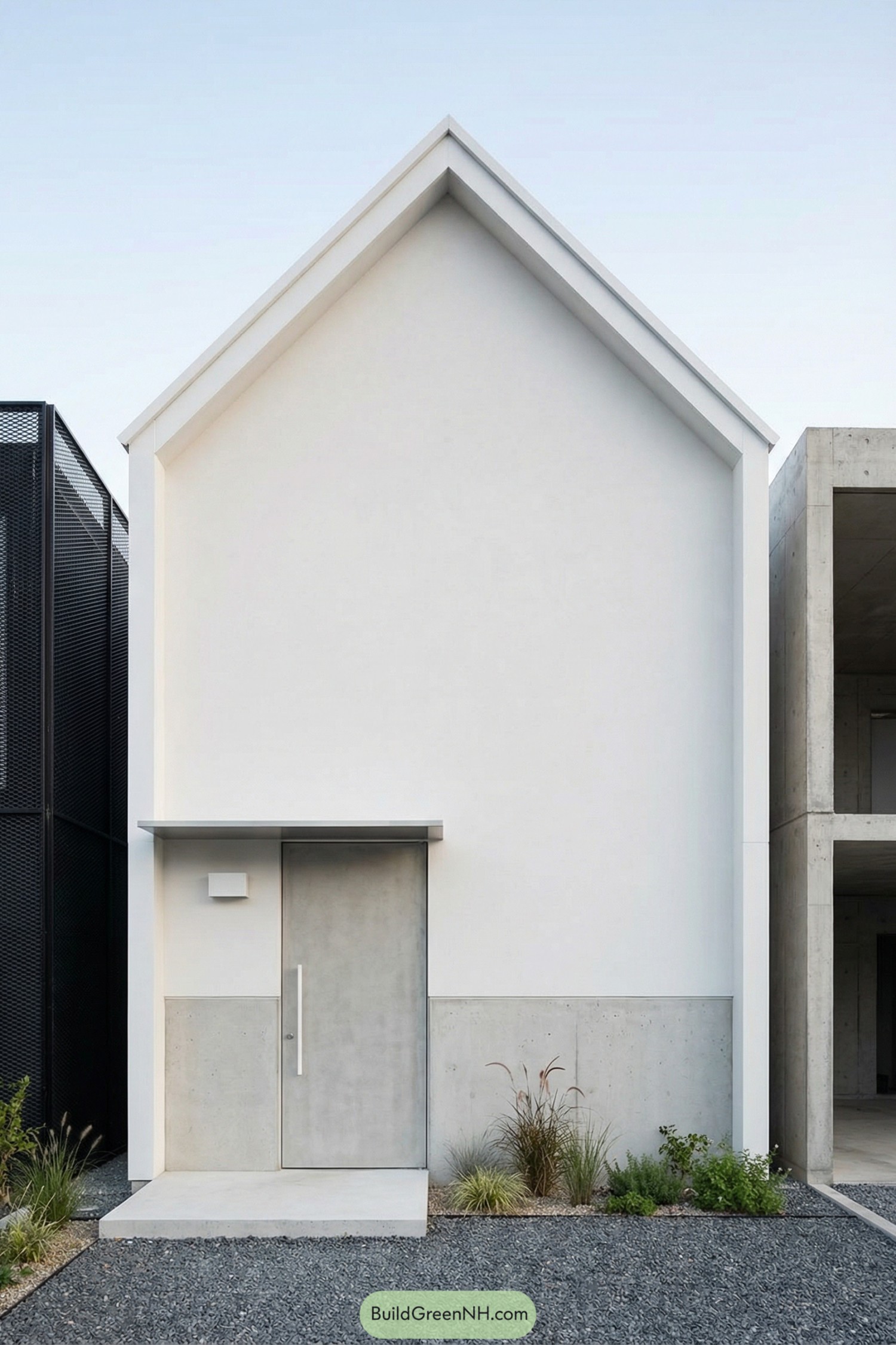 Minimalist white tiny house with tall gabled façade and concrete entry