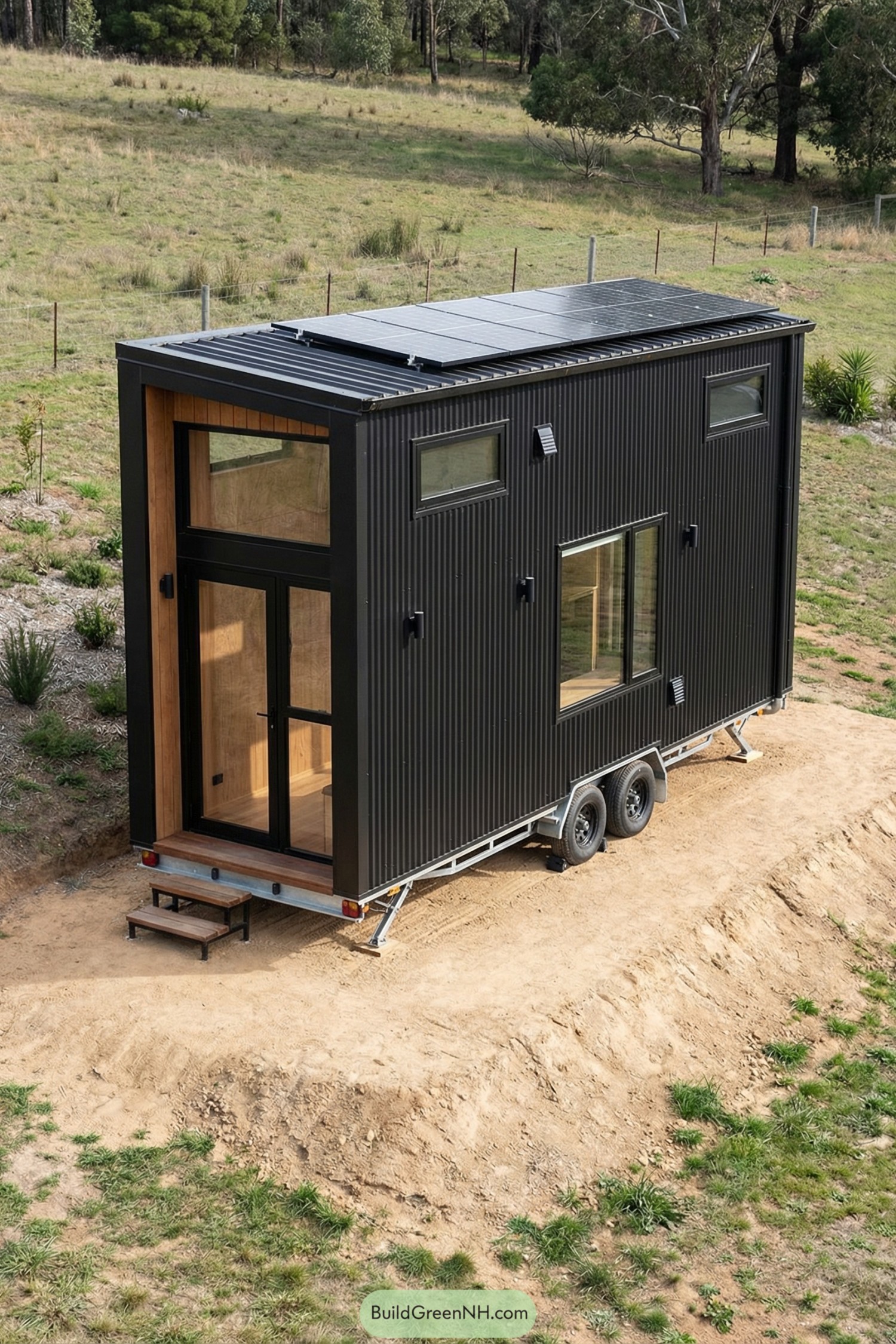 Black corrugated tiny house on wheels with large windows and rooftop solar panels in a rural field