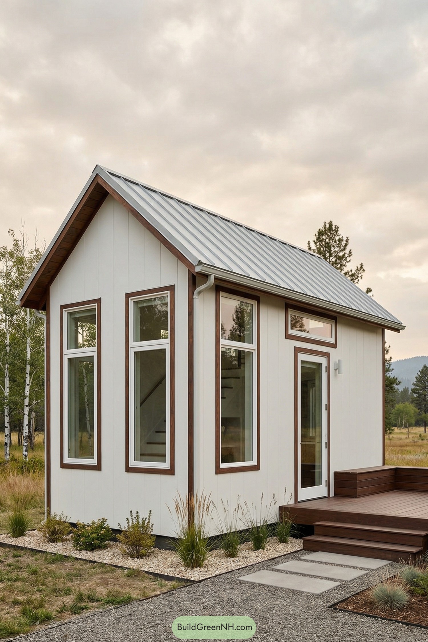 Modern white tiny house with tall windows