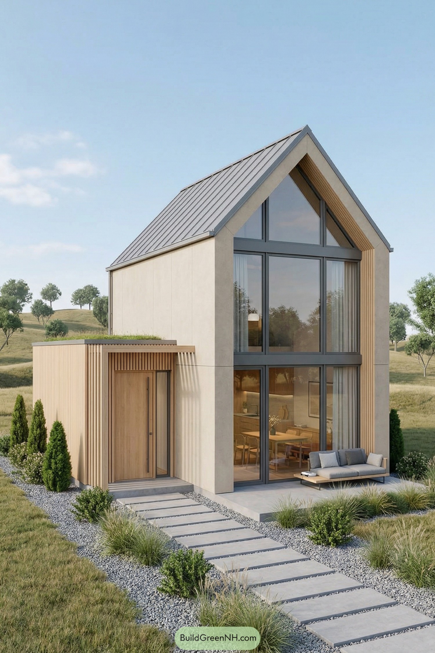 Minimalist tall tiny house with glass front, wood accents, and side volume in a grassy landscape