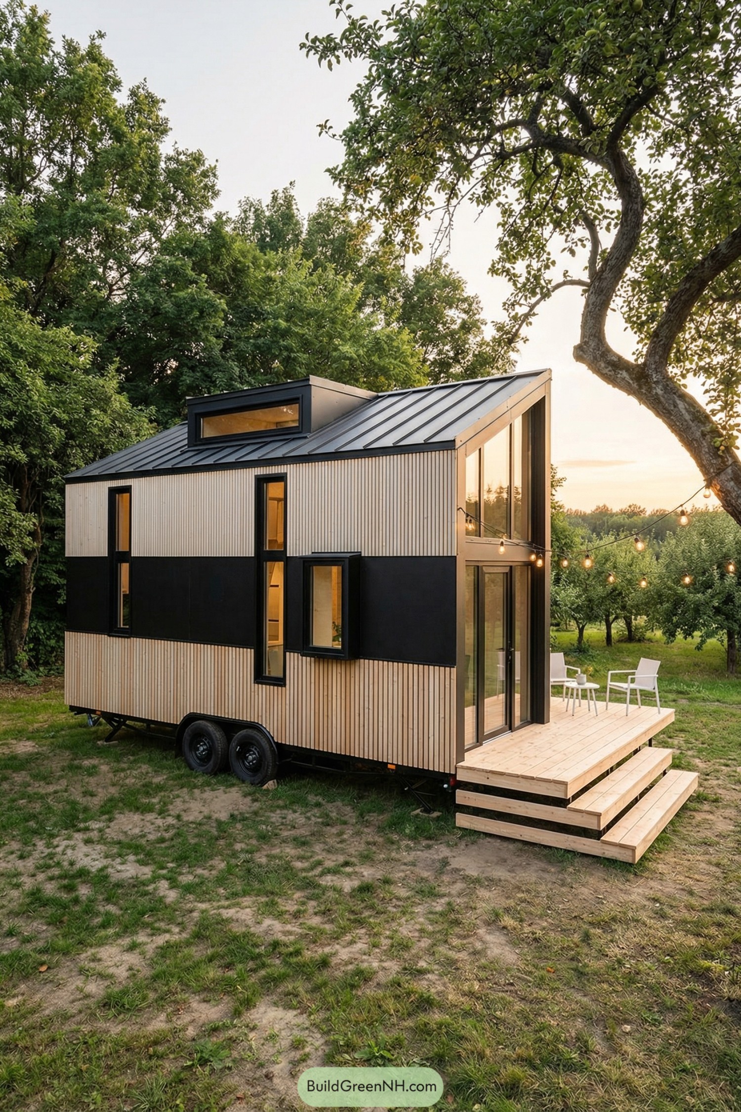 Minimalist tiny house on wheels with black and wood siding and large glass front
