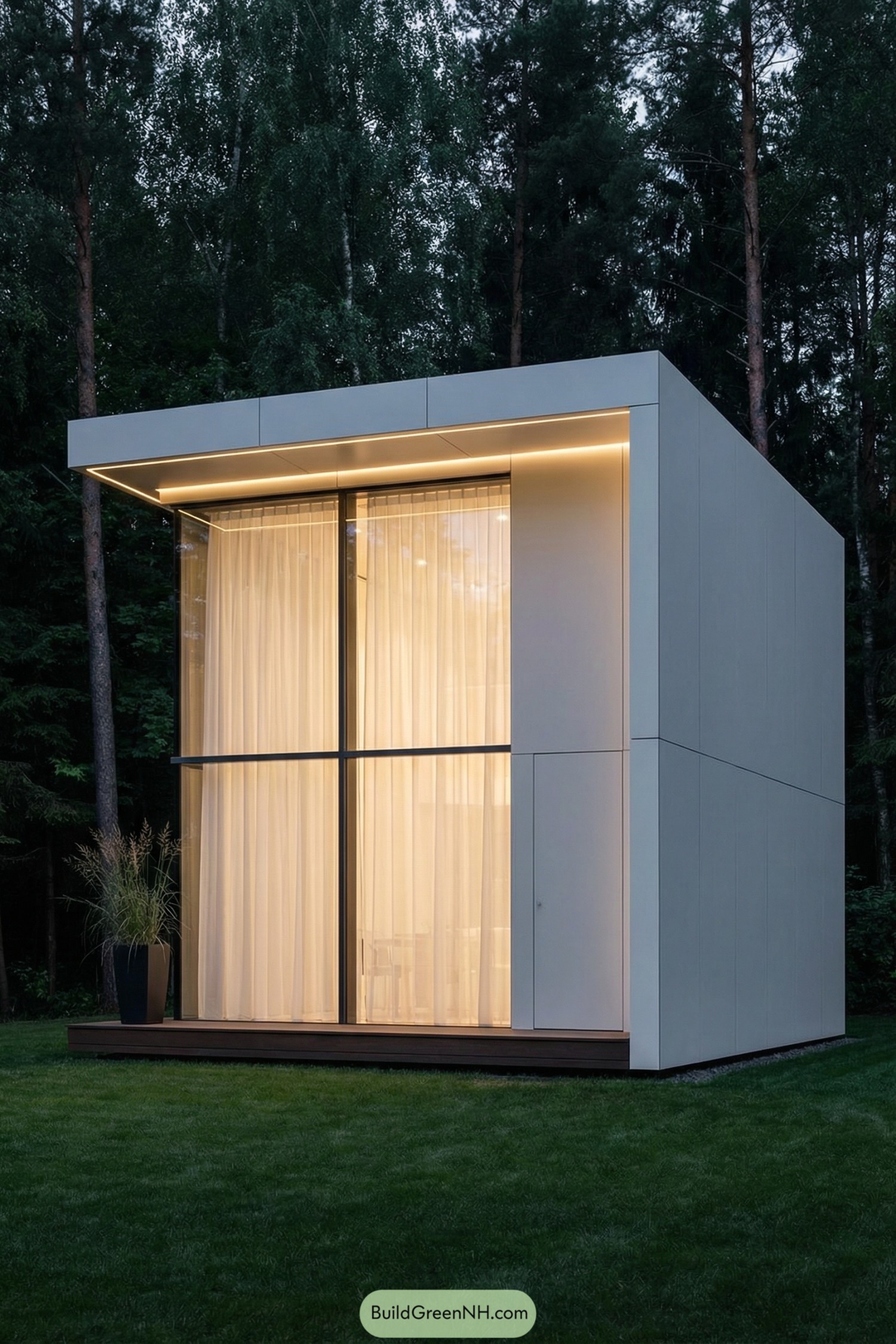 Minimalist cube tiny house with tall glowing glass front set in a dense forest backdrop
