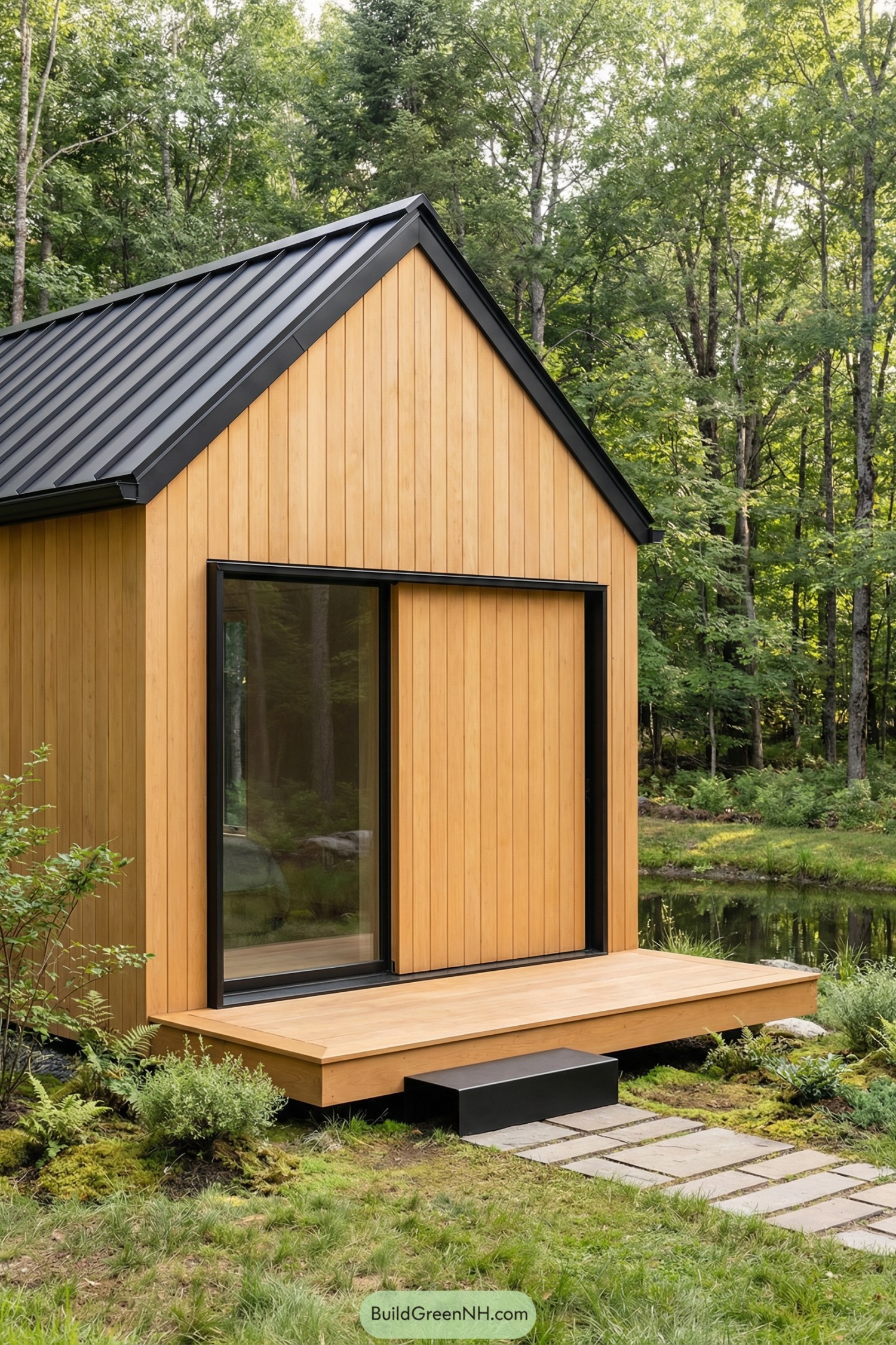 Small cedar tiny house with black metal roof and large glass door by a pond in the woods