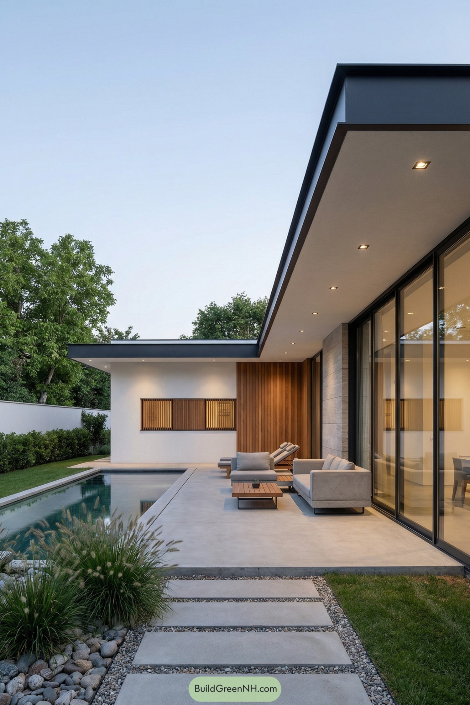 Minimalist poolside villa with concrete terrace, wood accents, and large glass walls facing greenery