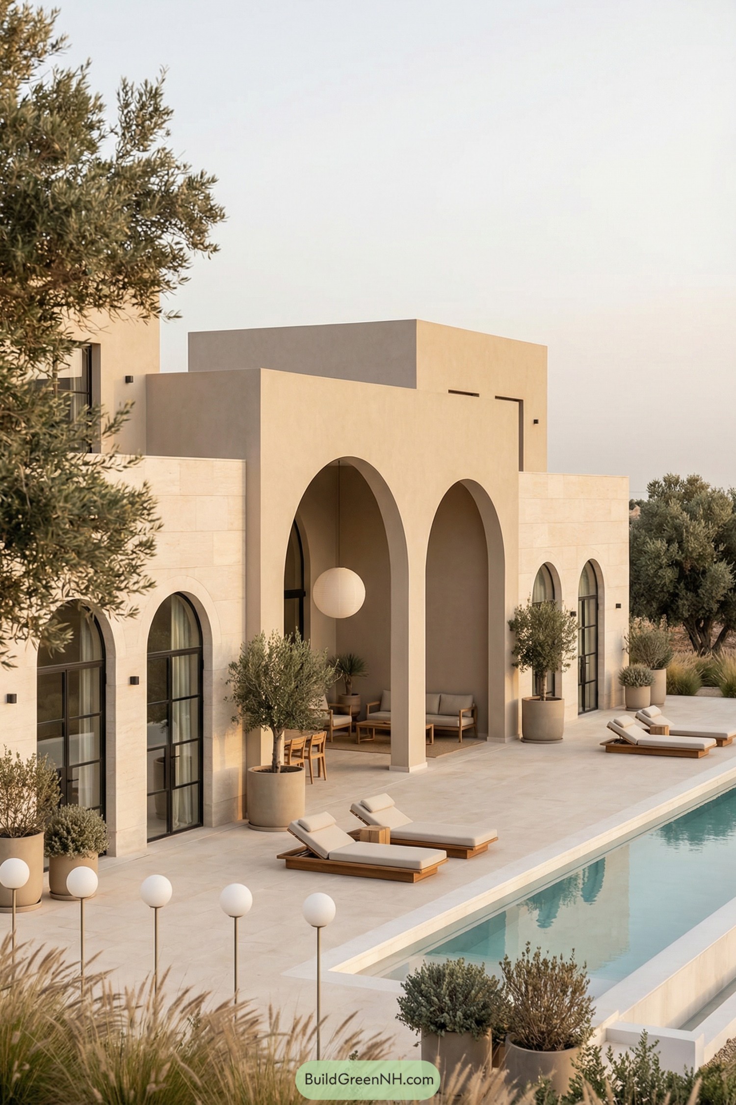 Beige arched villa with poolside terrace and loungers