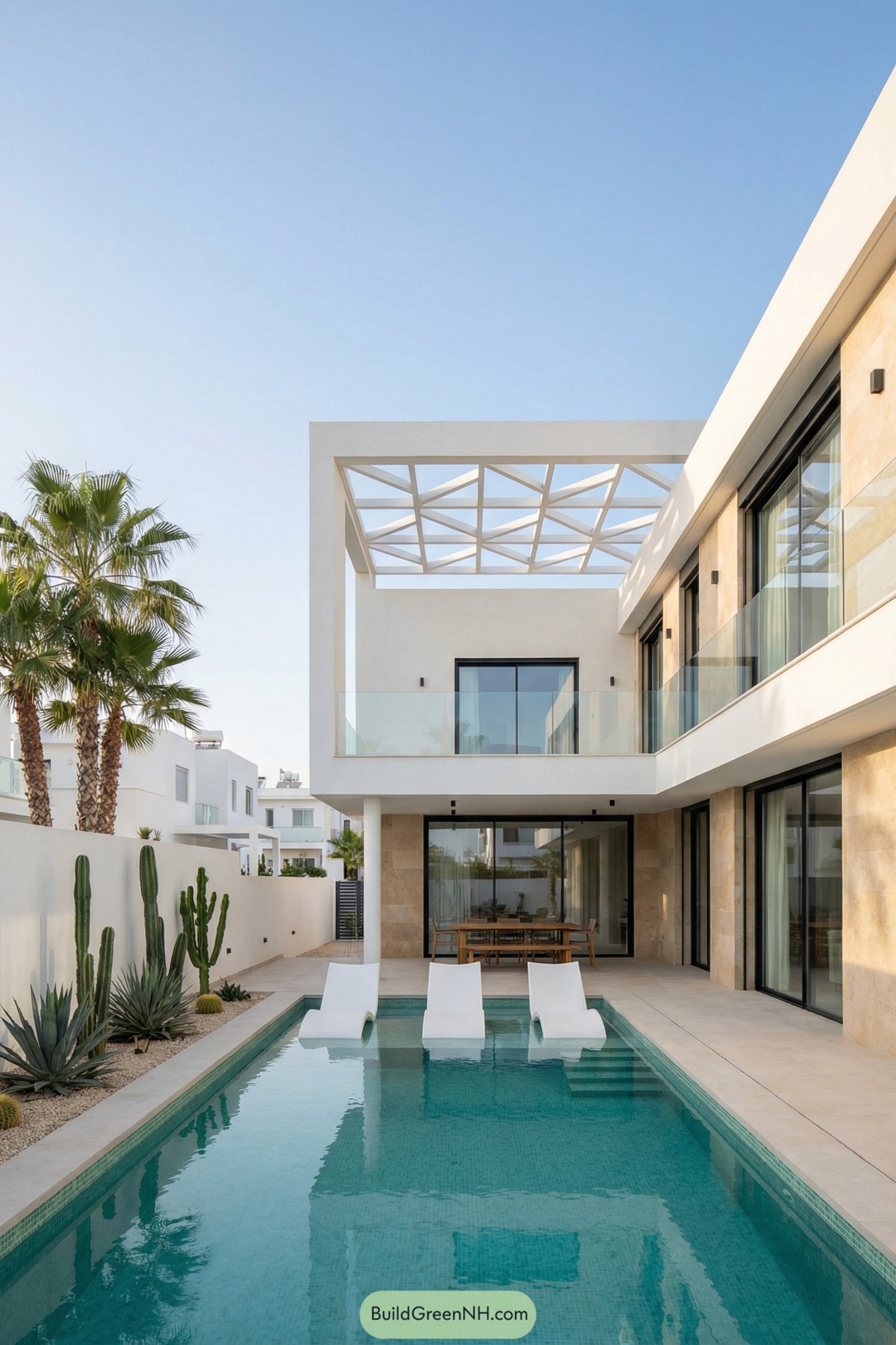 Modern two story villa with pool courtyard and geometric rooftop frame