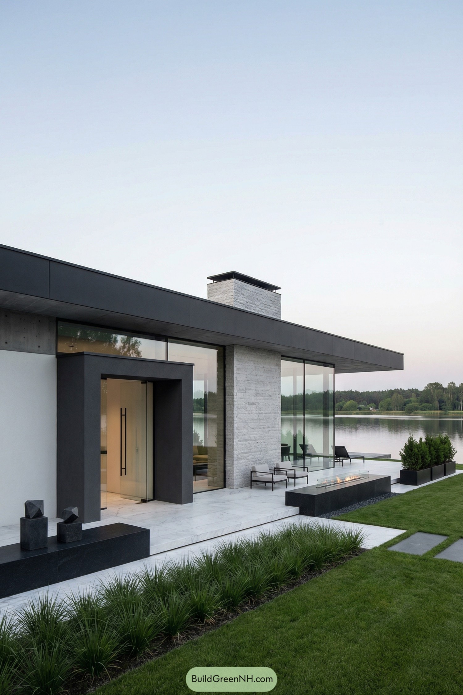 Minimalist glass front villa overlooking a calm lakeshore with a low black roof and outdoor fire feature