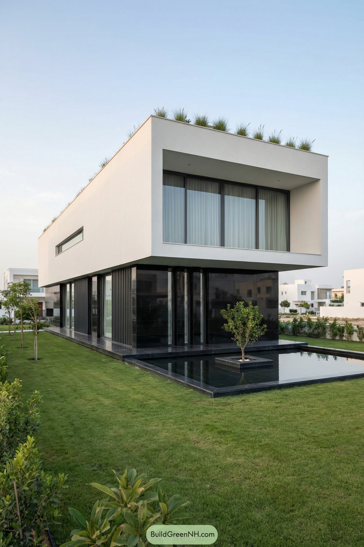 Minimalist white villa with dark glass base, rooftop greenery, and reflective water court