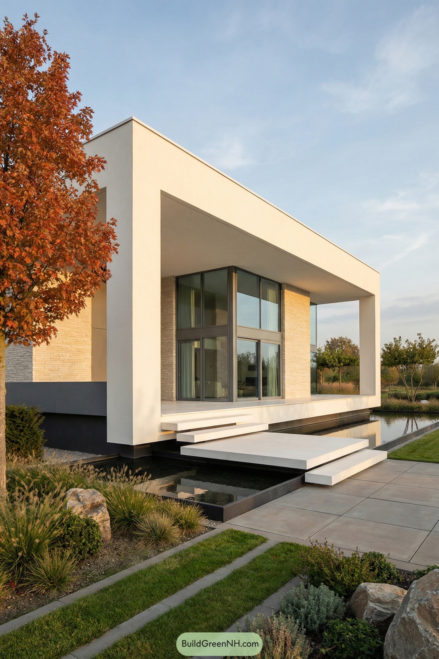 Minimalist white villa with large glazed walls above a shallow reflecting pool and landscaped garden