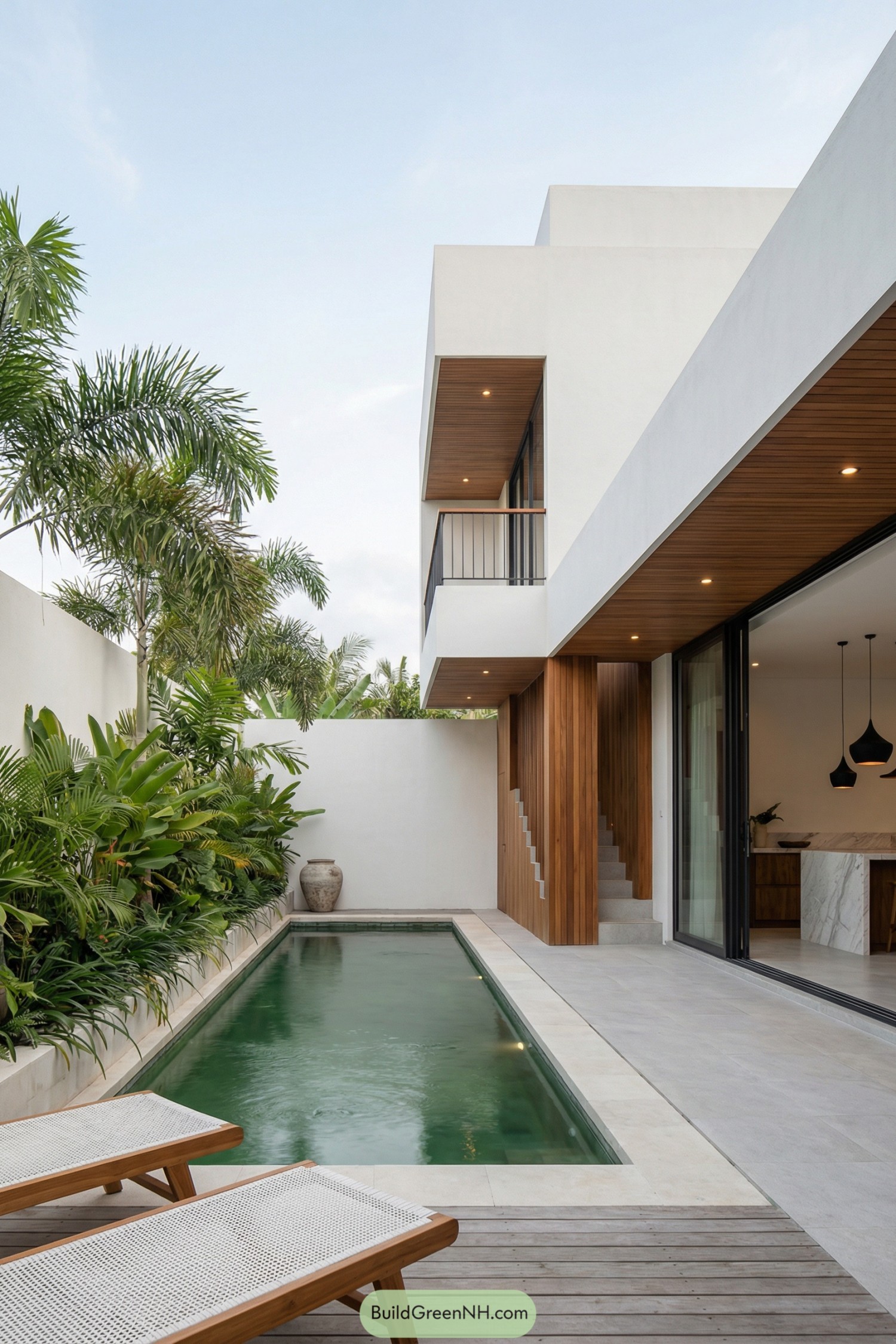 Slim courtyard lap pool beside white villa with wood accents and lush palms
