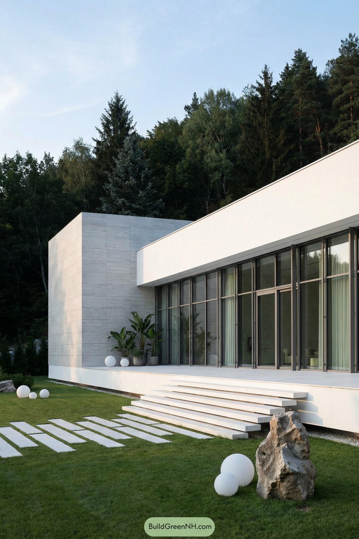 Minimalist white villa with large glass walls opening to a green lawn and forest backdrop