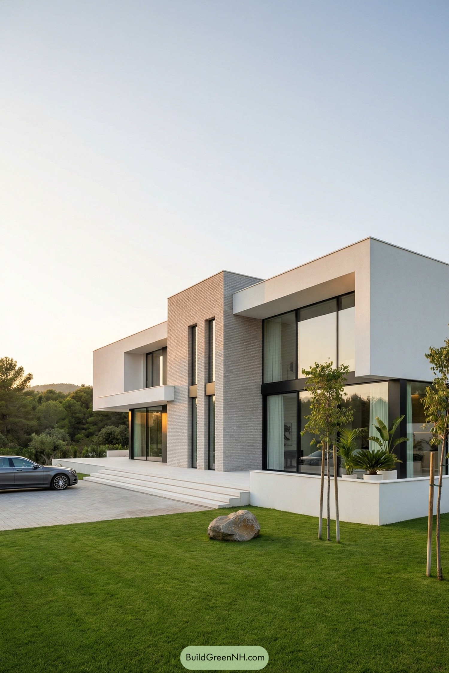 Minimalist white two story villa with large glass walls and clean landscaping